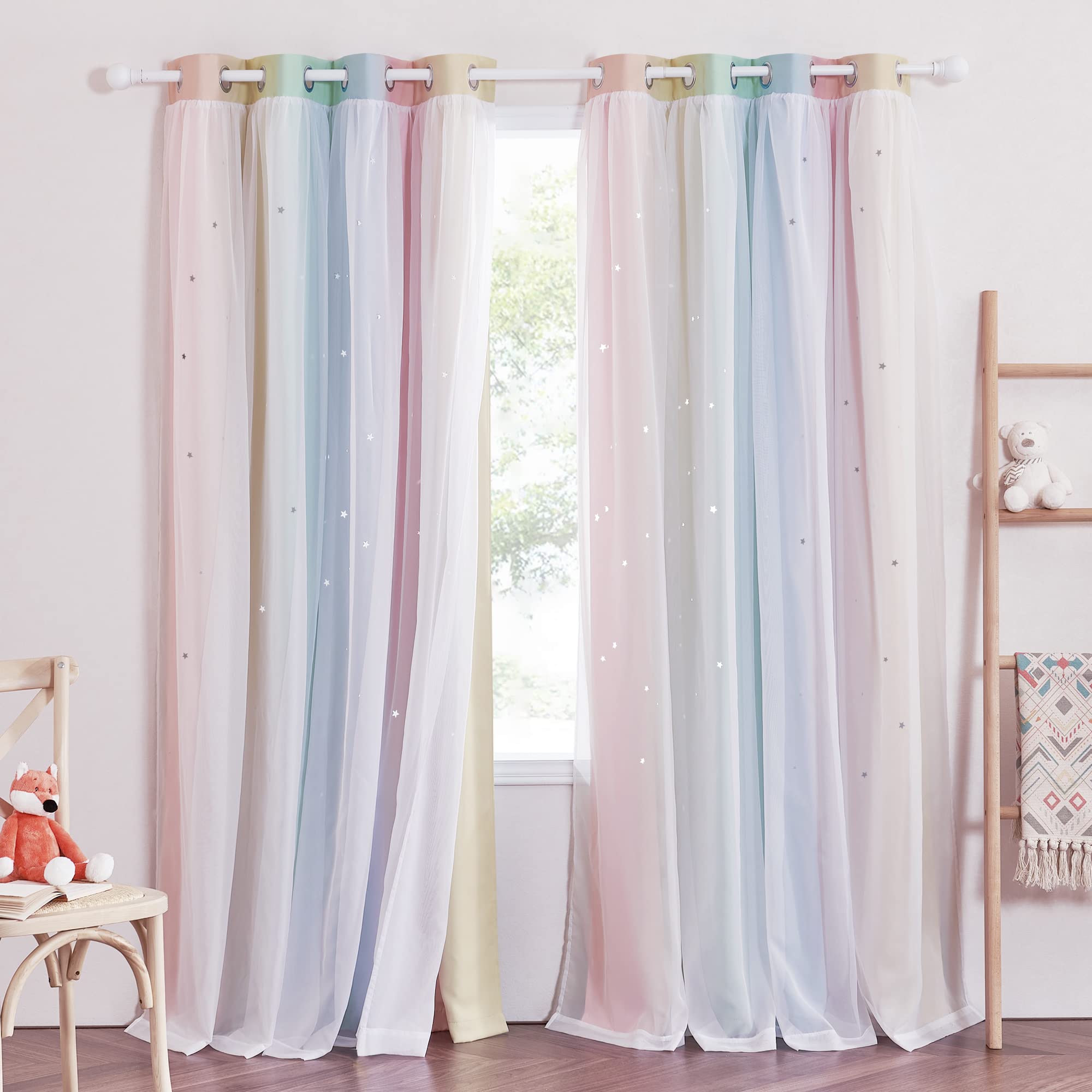 NICETOWN Star Curtains for kids room with hollow-star design creates twinkling light patterns.