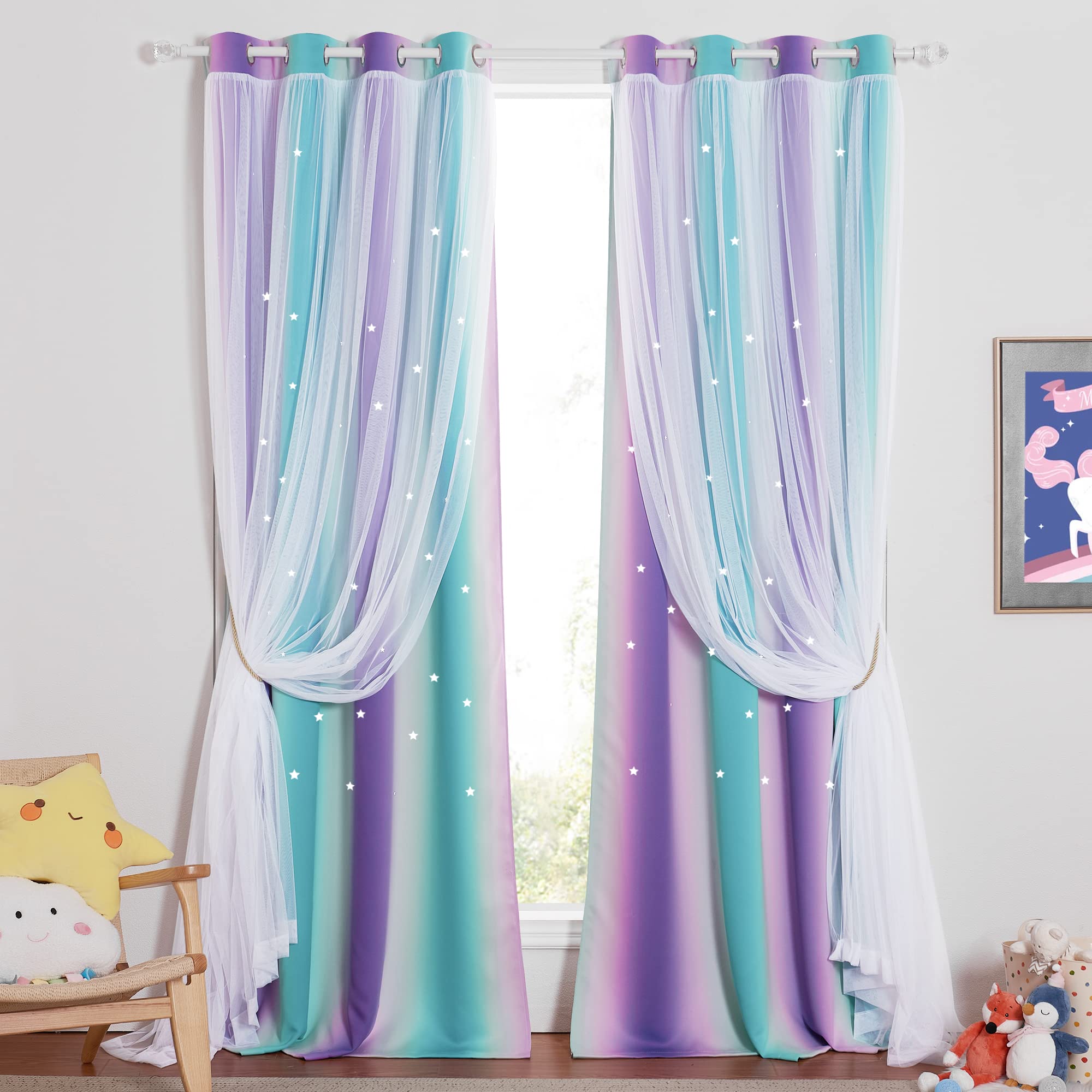 NICETOWN star curtains teal purple mermaid pair create a playful, immersive nursery or kids’ room ambiance.