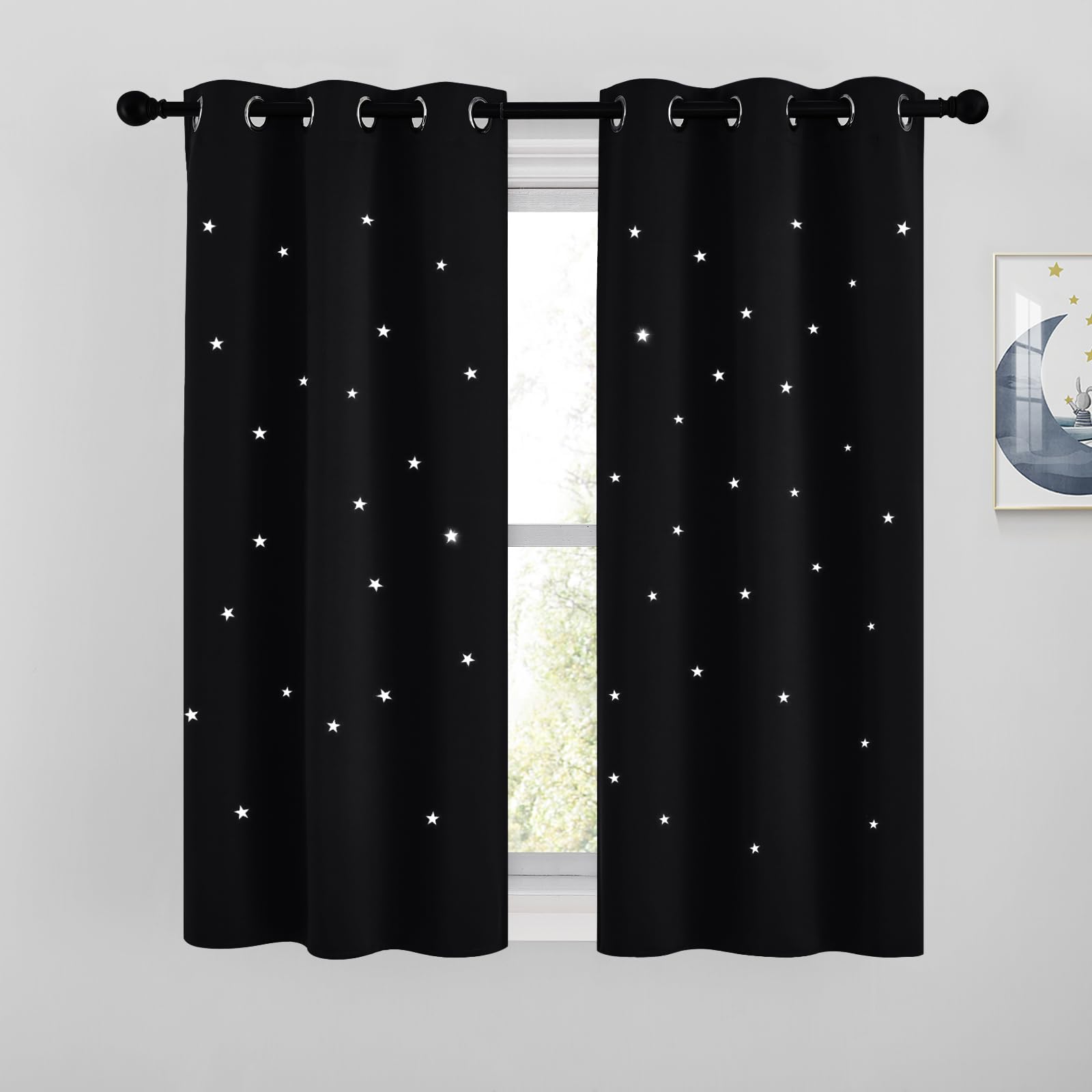 NICETOWN star-cutout curtains front view showcases twinkling star cutouts for dreamy design.