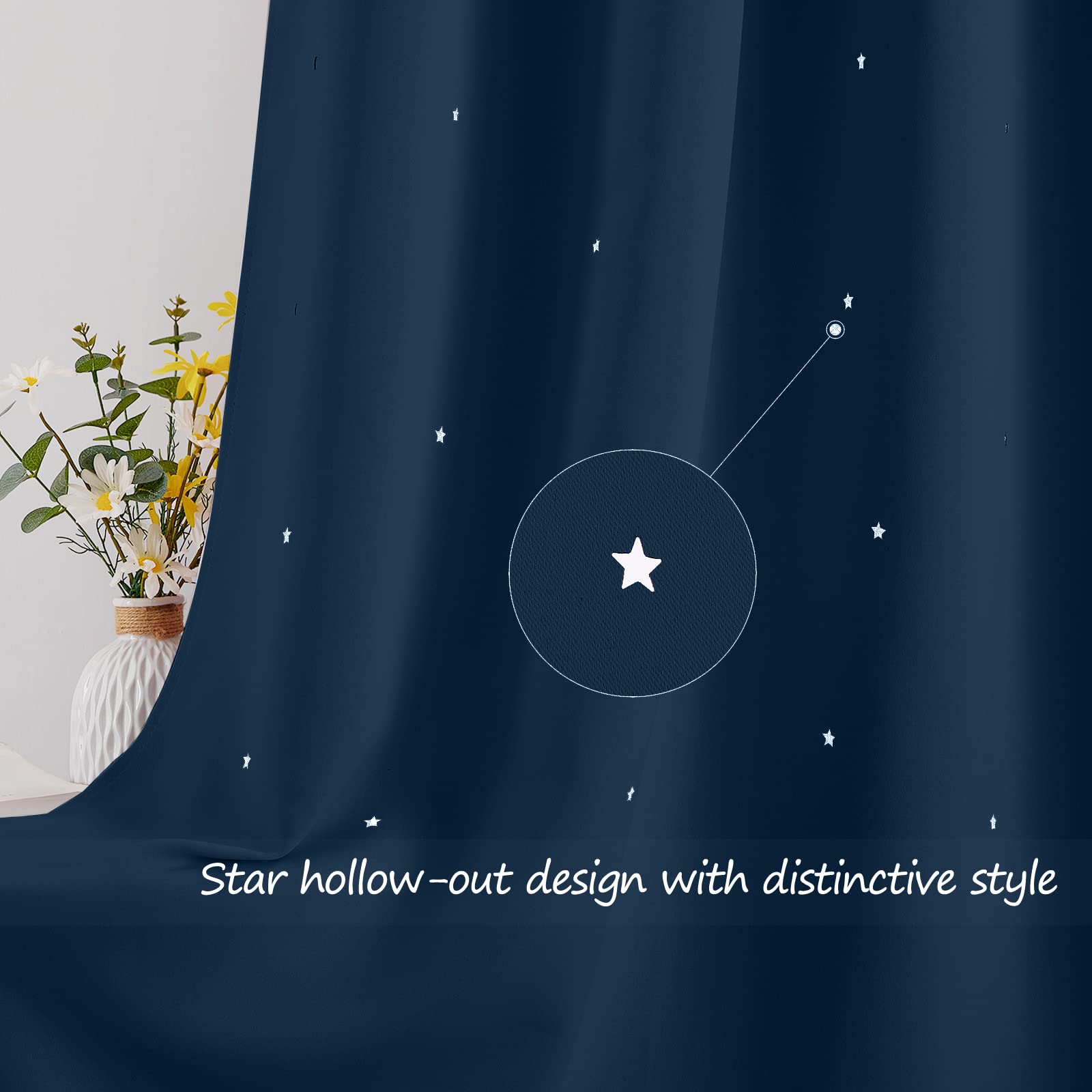 NICETOWN star-cutout-curtains-moroccan-blue closeup fiber texture improves room ambience and sleep comfort