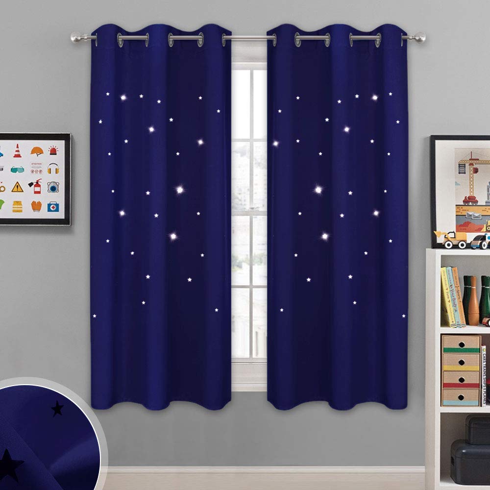 NICETOWN Star Cutout Curtains front view in navy blue showing room-darkening effect