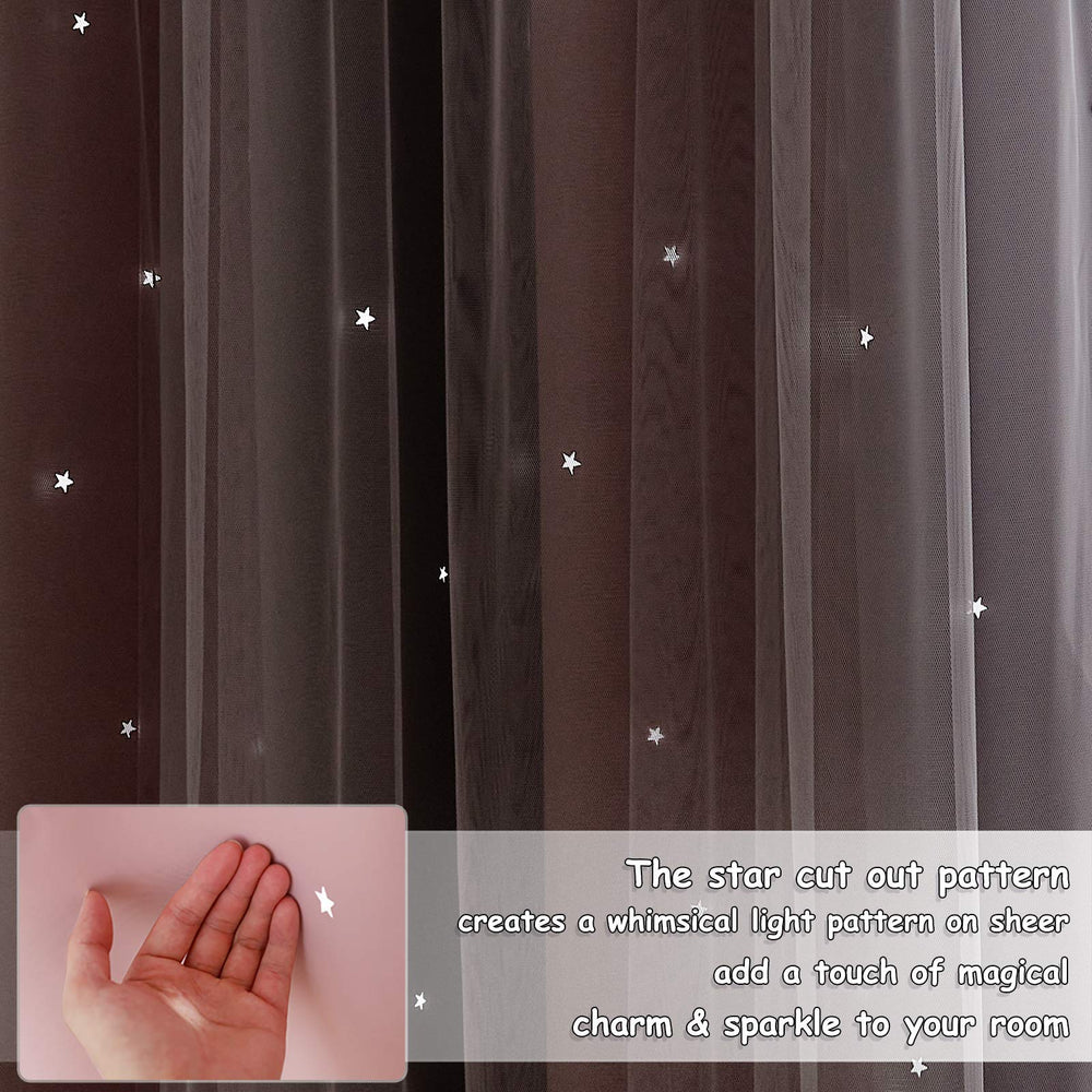 NICETOWN star-cutout curtains pink grey with four tiebacks for styling versatility.