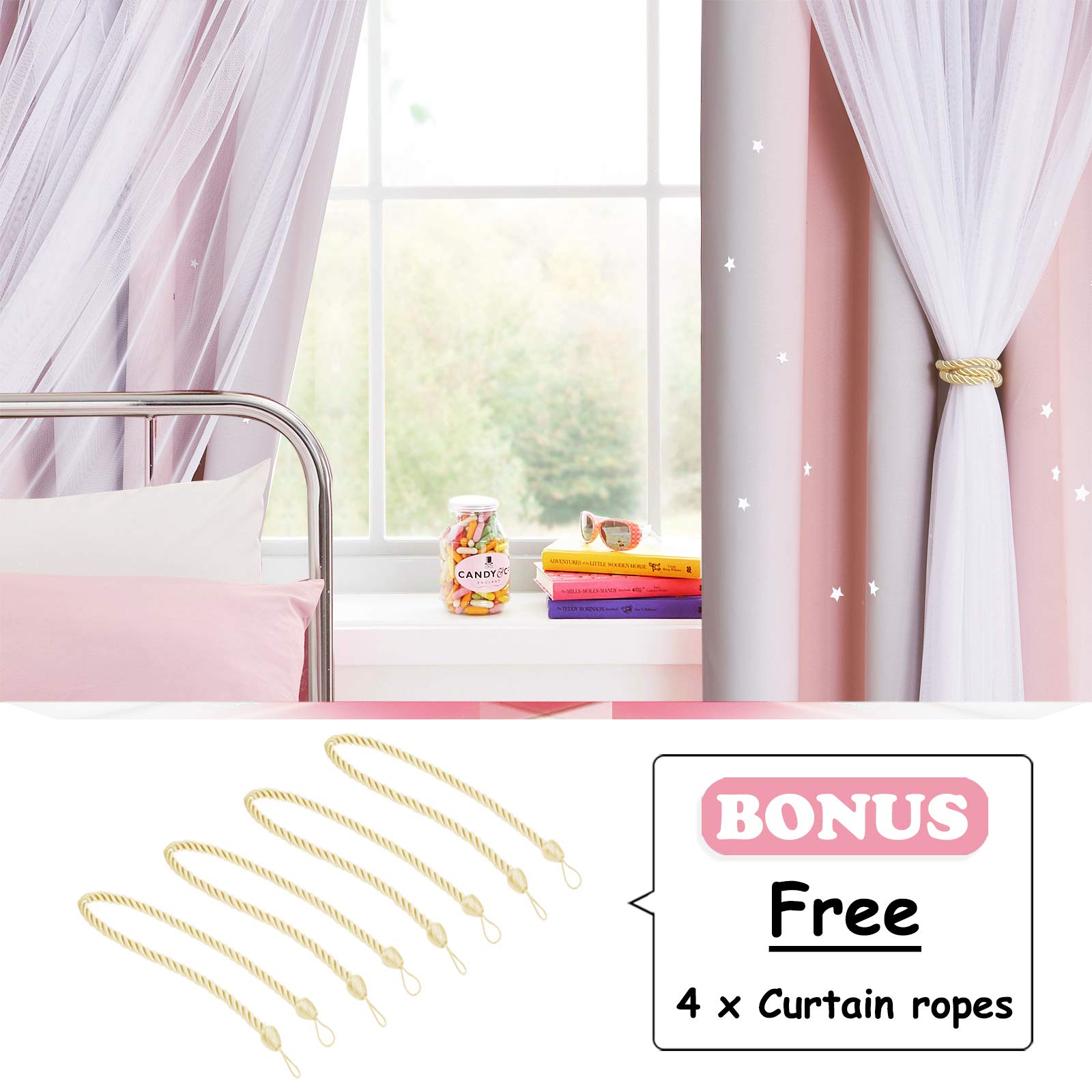 NICETOWN star-cutout curtains pink grey light filtering to create a cozy daytime glow.