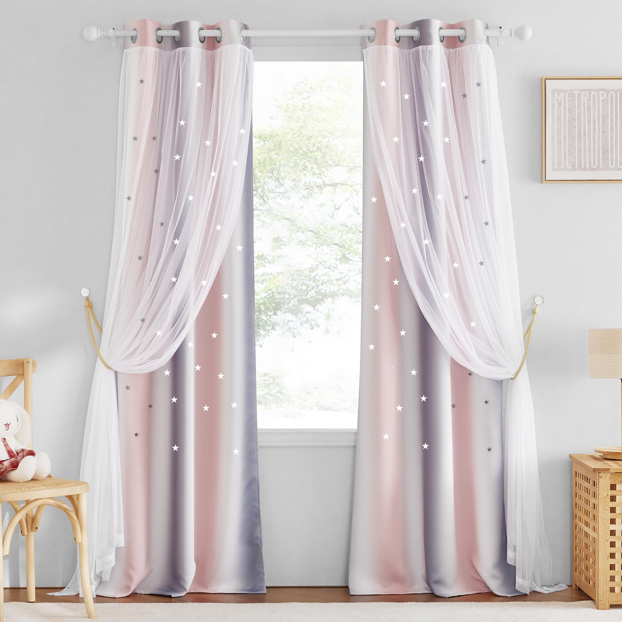 NICETOWN star-cutout curtains pink grey nursery decor highlighting whimsical star shapes.