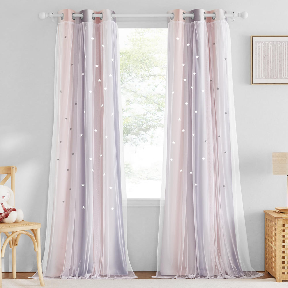 NICETOWN star-cutout curtains pink grey panel front view with soft light diffusion.