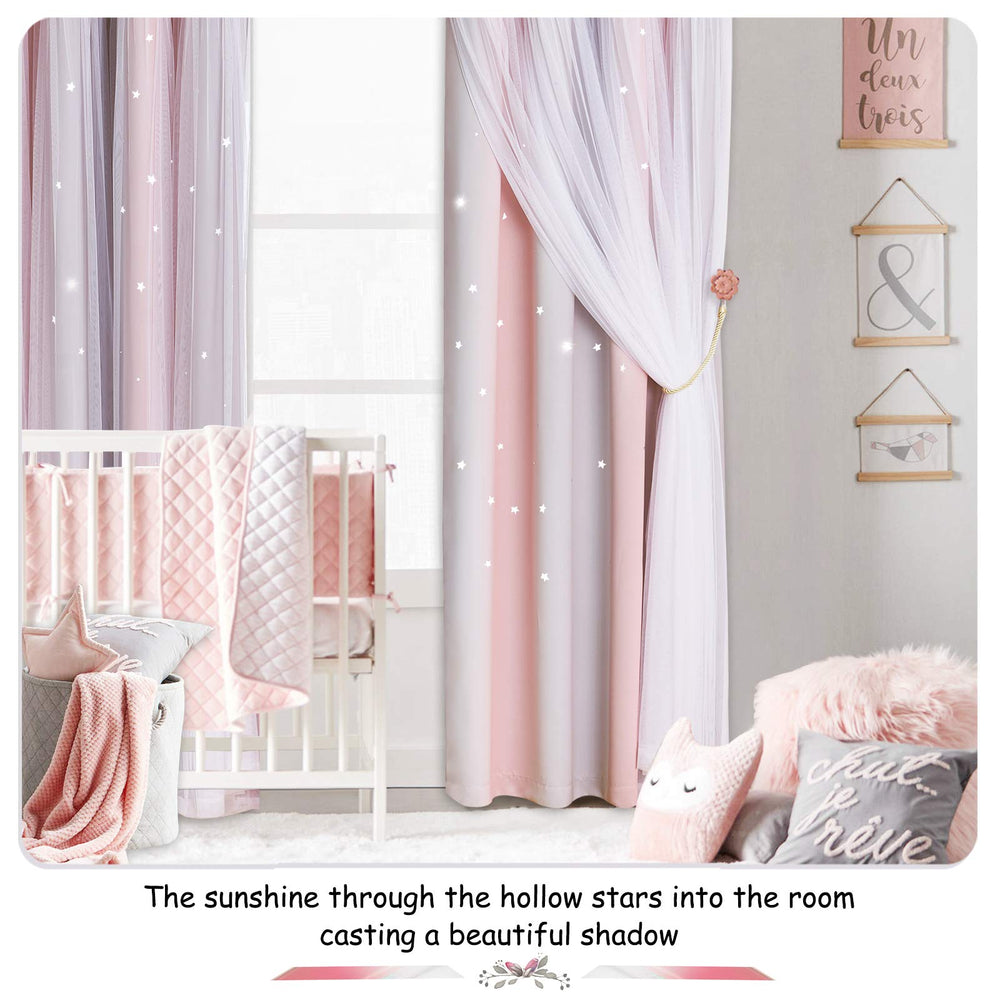 NICETOWN star-cutout curtains pink grey close-up of hollow stars casting light patterns.