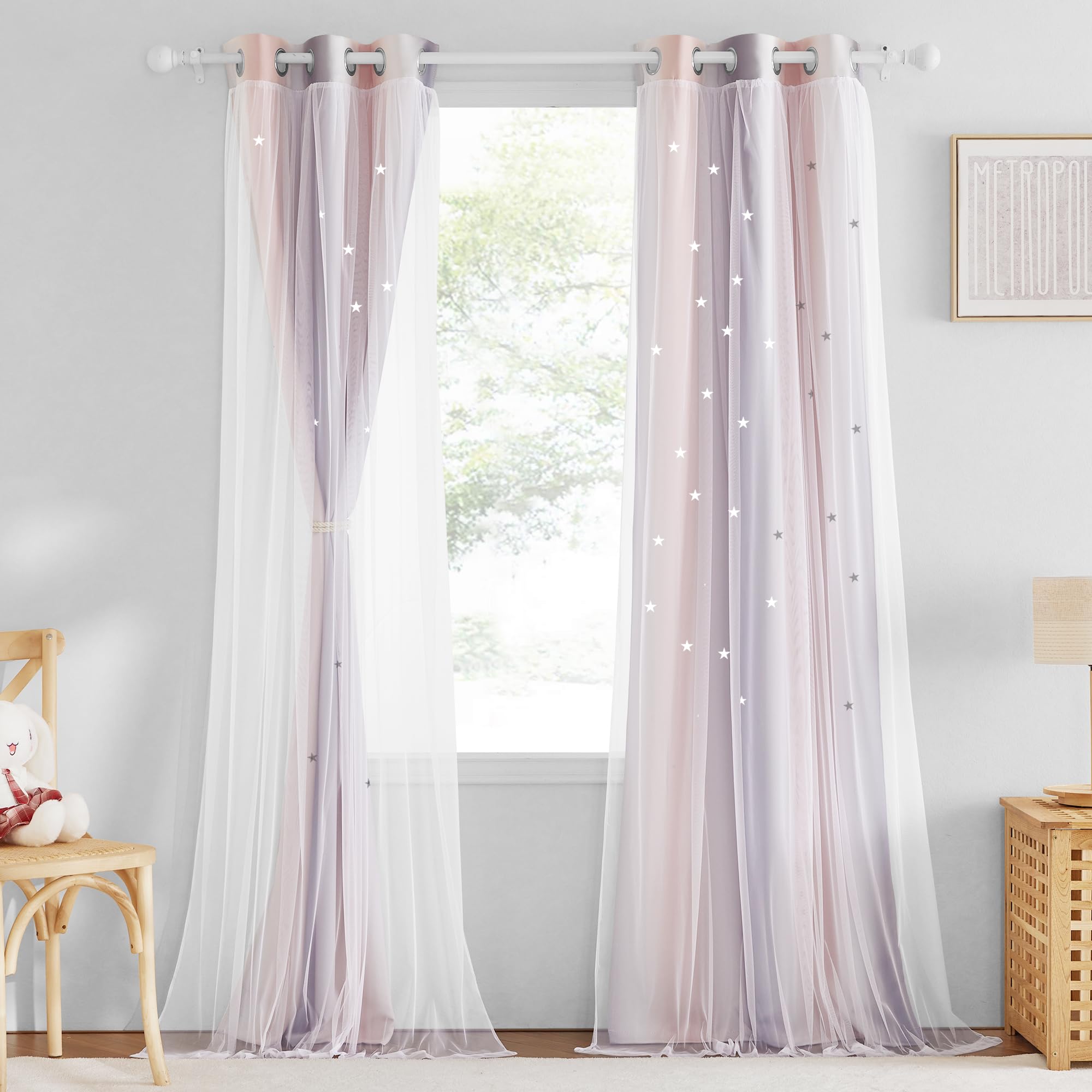 NICETOWN star-cutout curtains pink grey sunshine shadow effect in a nursery.