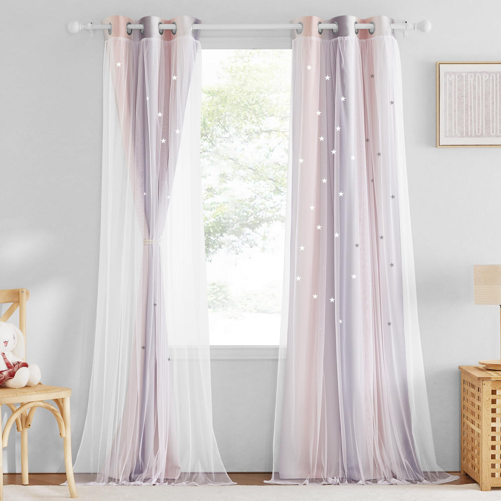 NICETOWN star-cutout curtains pink grey sunshine shadow effect in a nursery.