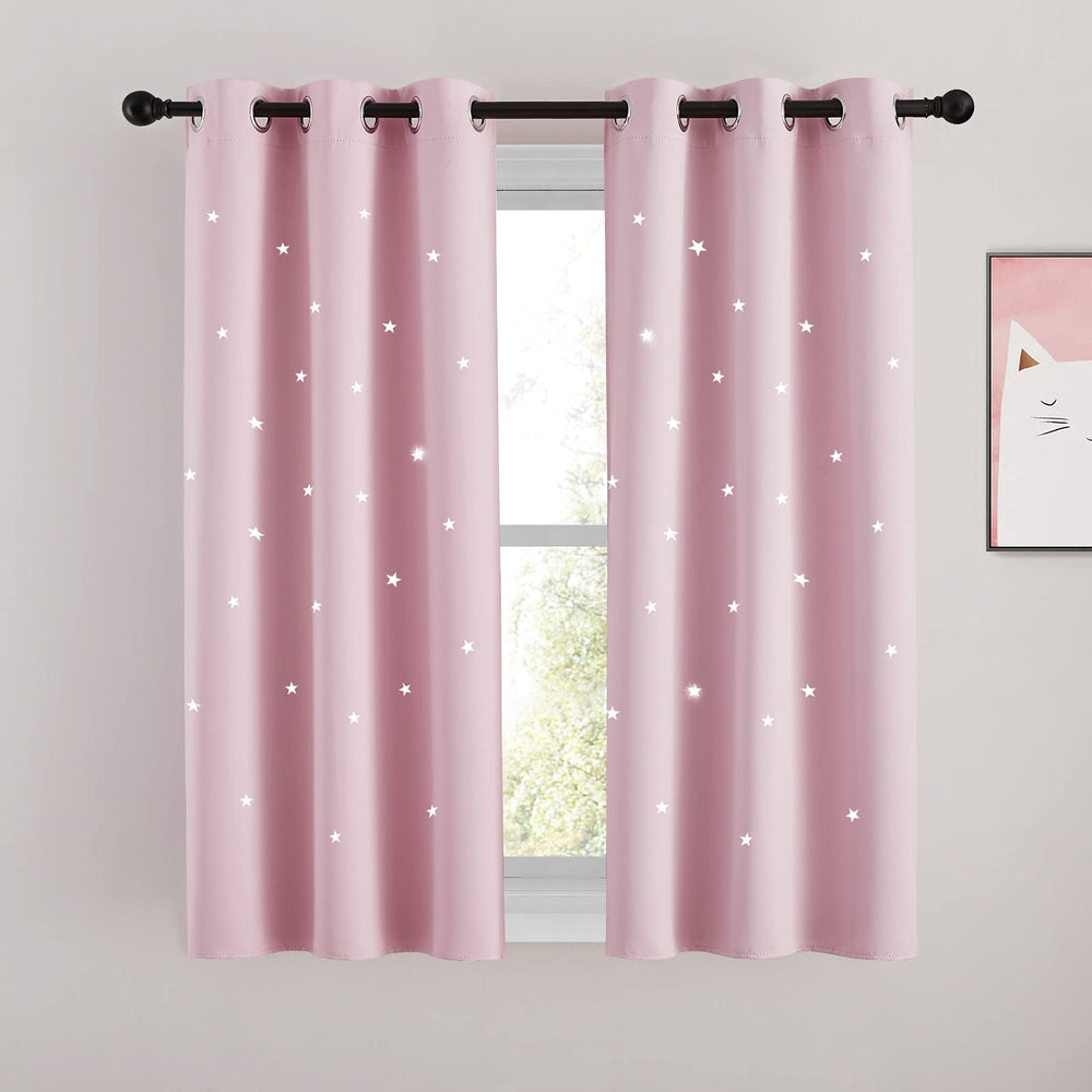 NICETOWN Starry Night curtains setup in baby pink for cozy bedroom ambiance and better sleep.