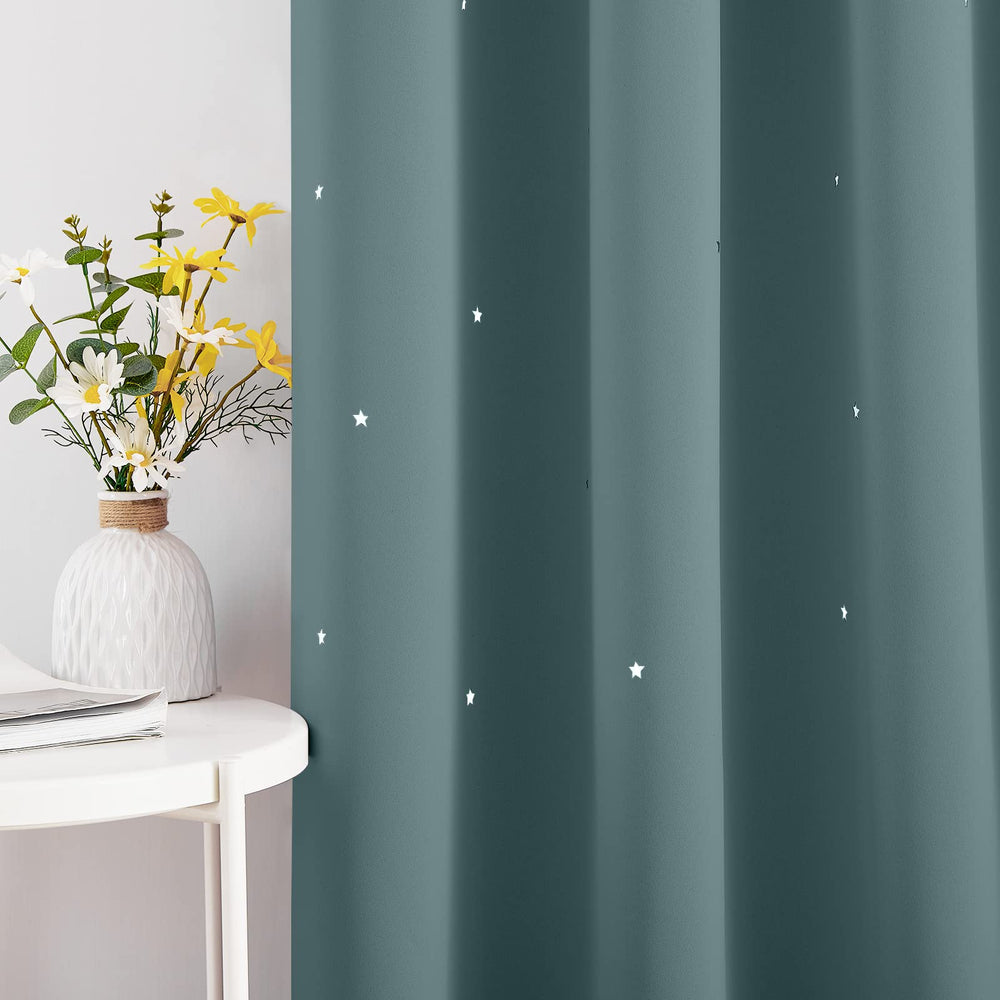 NICETOWN Stars Curtains greyish-blue window view with twinkling star shadows.