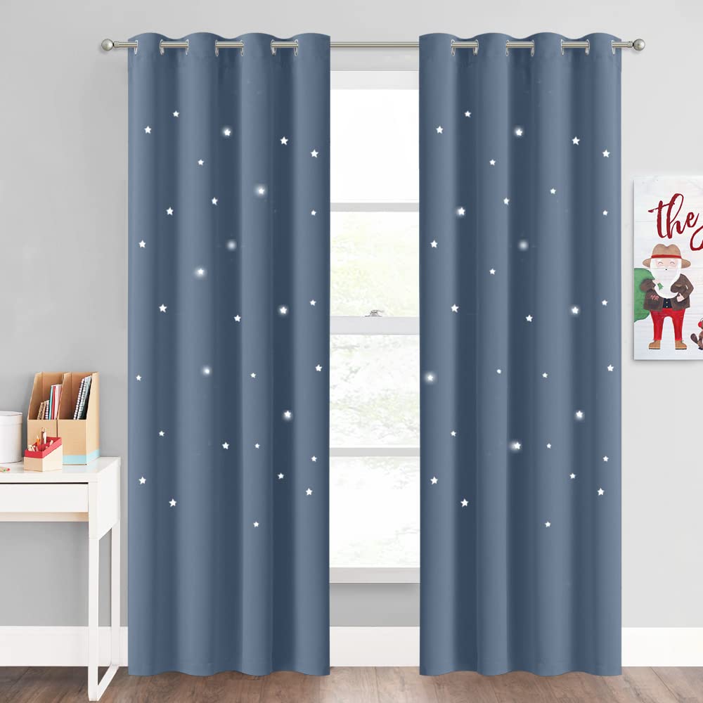 NICETOWN stone blue nursery curtains with cut-out stars front view for dreamy kids' decor