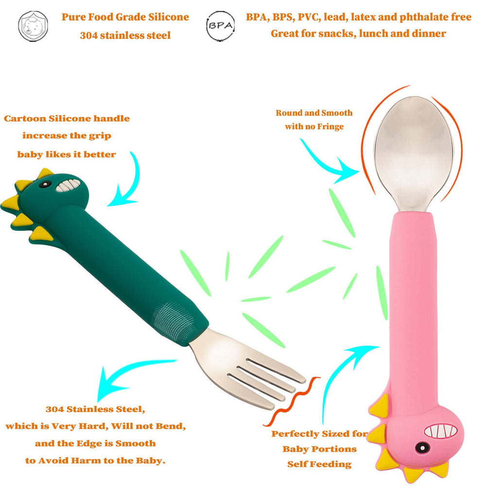 NICINGU toddler utensils pink dinosaur fork close-up with smooth edge for gentle bites