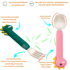 NICINGU toddler utensils pink dinosaur fork close-up with smooth edge for gentle bites