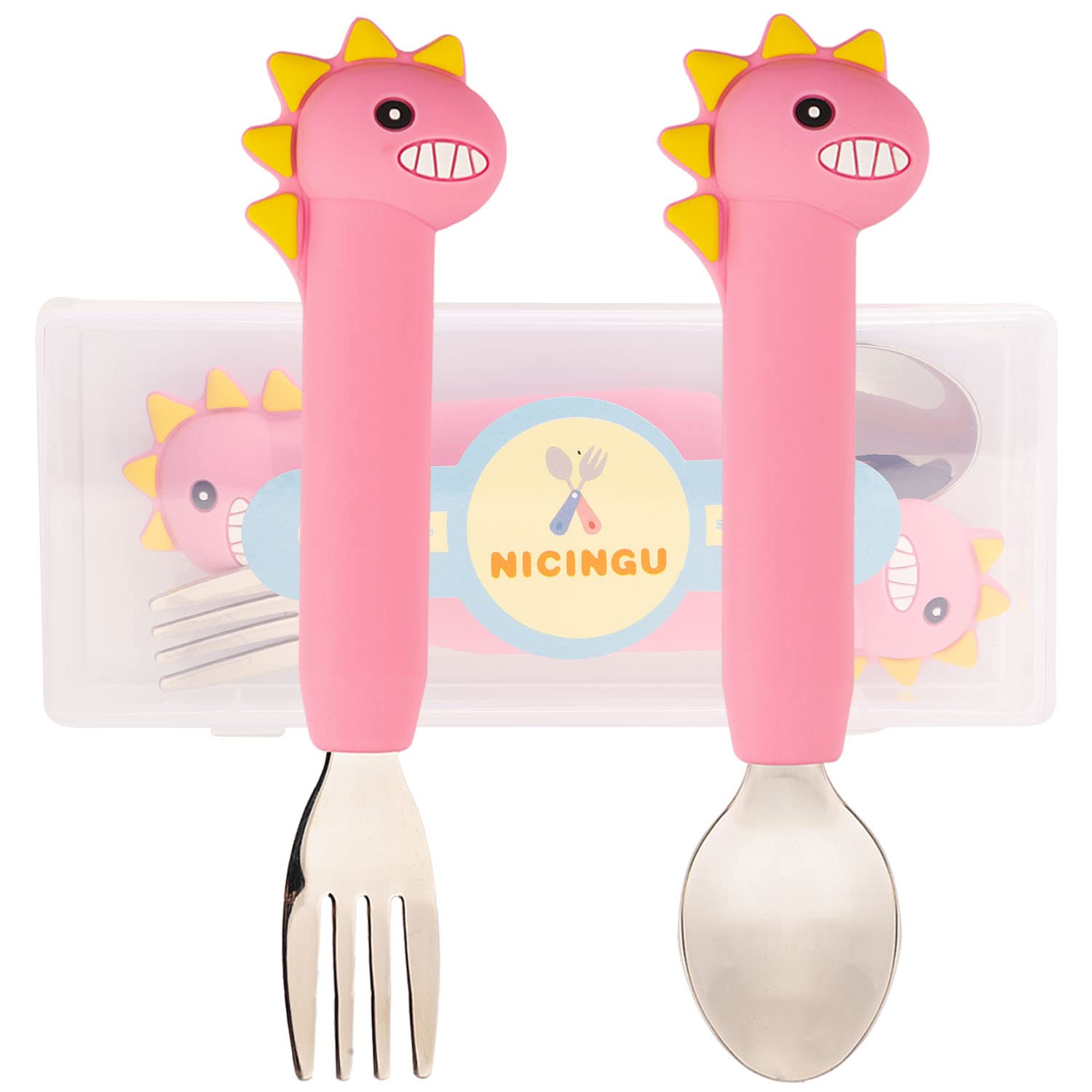 NICINGU toddler utensils pink spoon close-up showing silicone grip for easy self-feeding