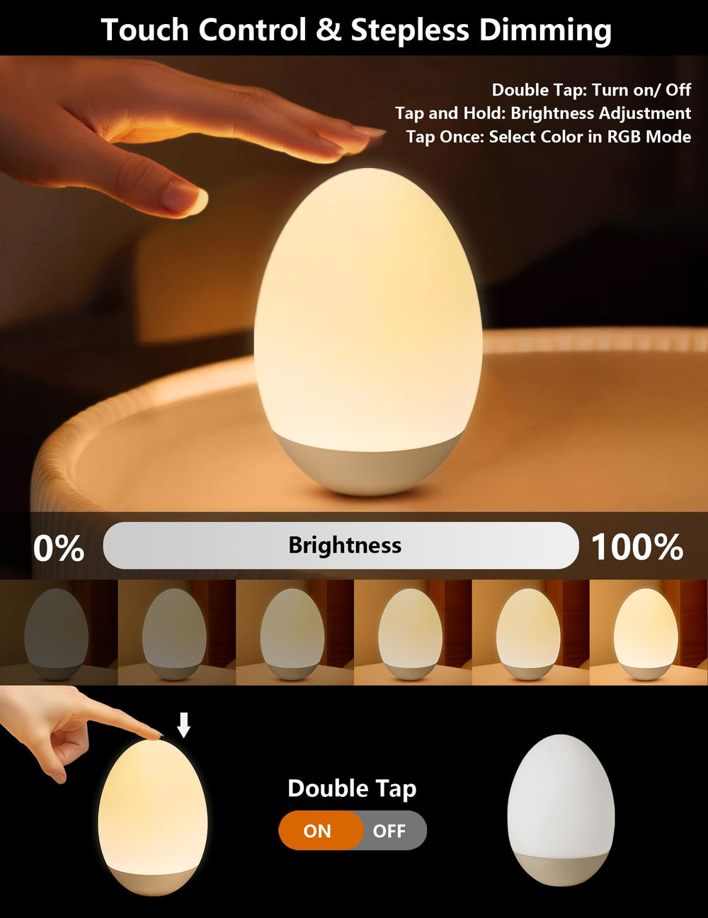 NICKLUC Egg Night Light dimming control close-up, precise brightness.