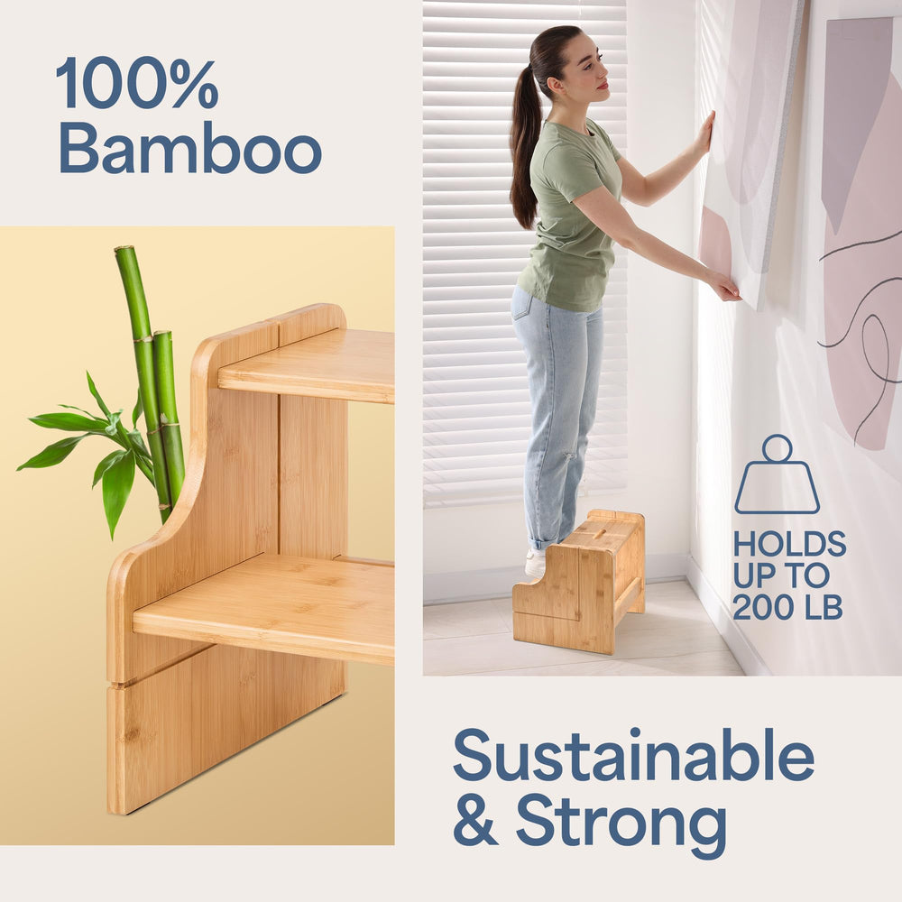 NIFTAKE small step stool in bamboo is lightweight and durable for busy households