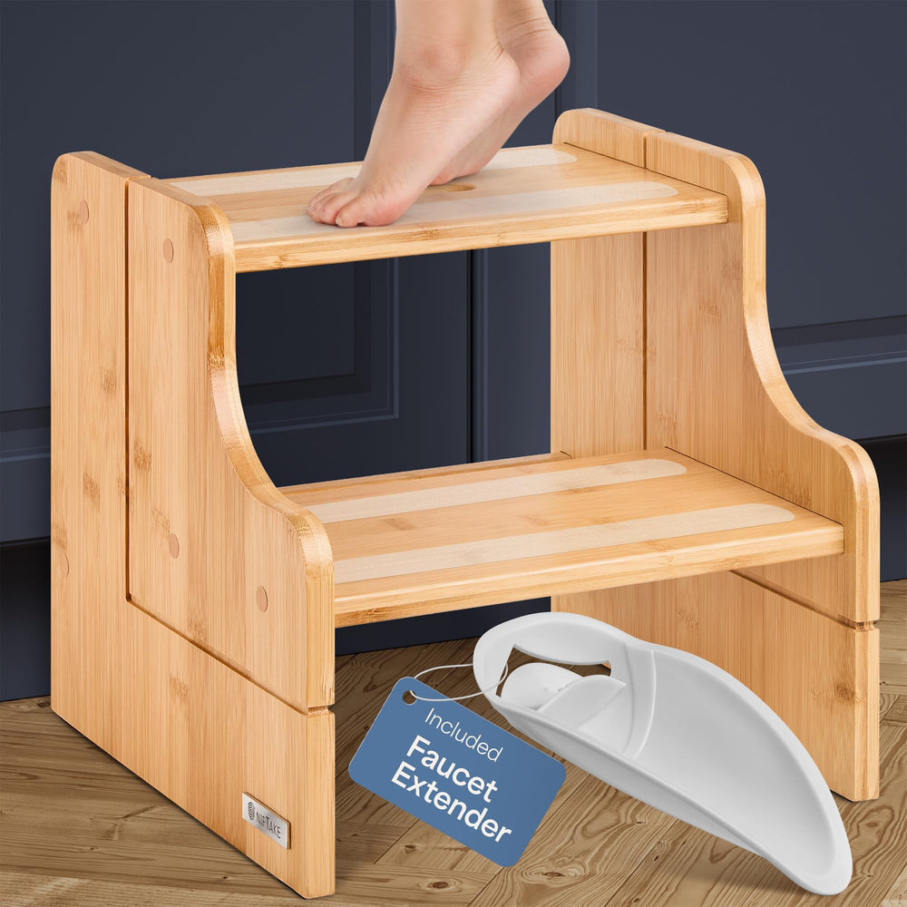 NIFTAKE small step stool natural bamboo, compact design for easy toddler reach at sink