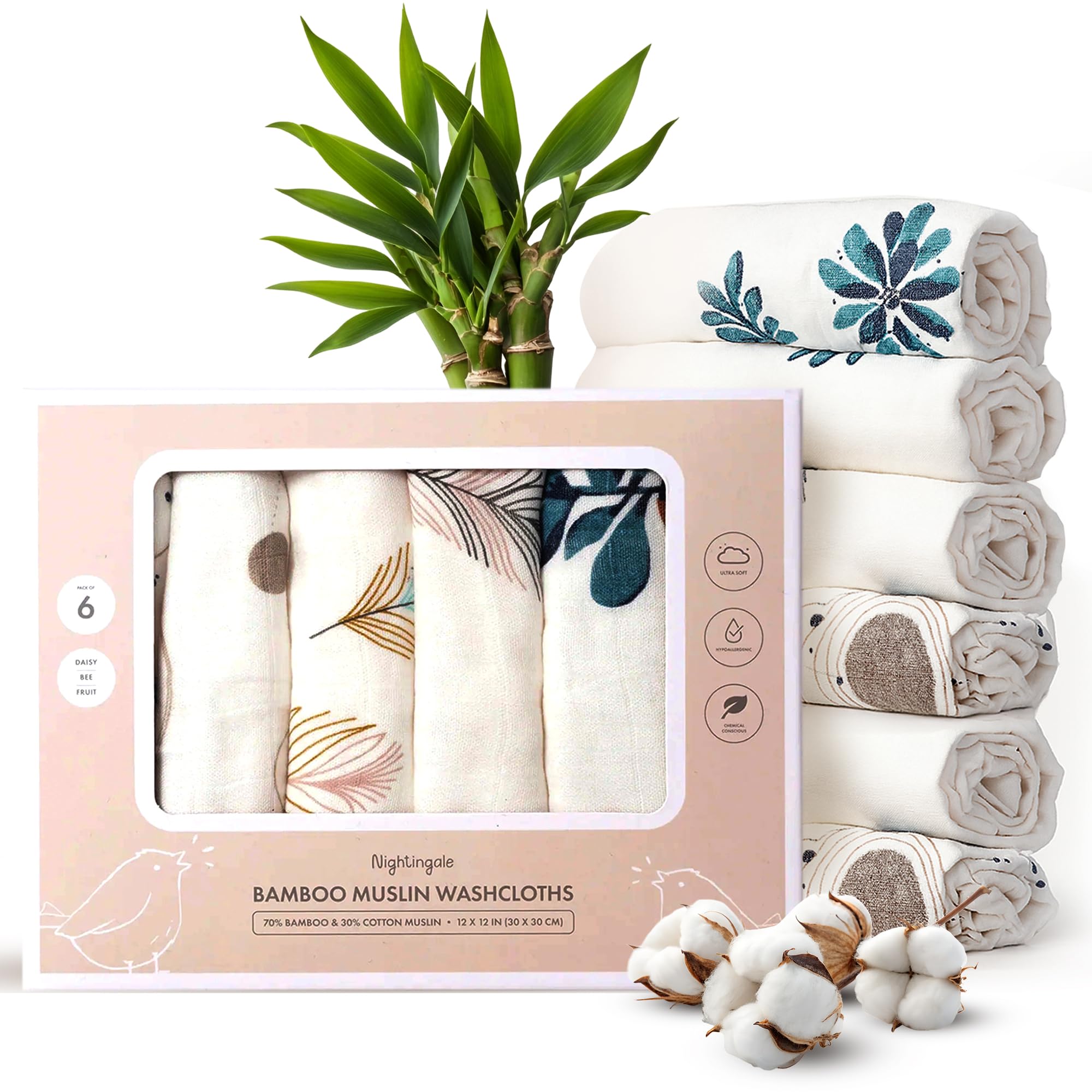 Nightingale washcloths feather pattern close-up shows ultra-soft baby skin touch during bath