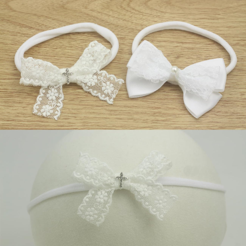 Nihao Baby baptism-ready headband styled for newborn photos.