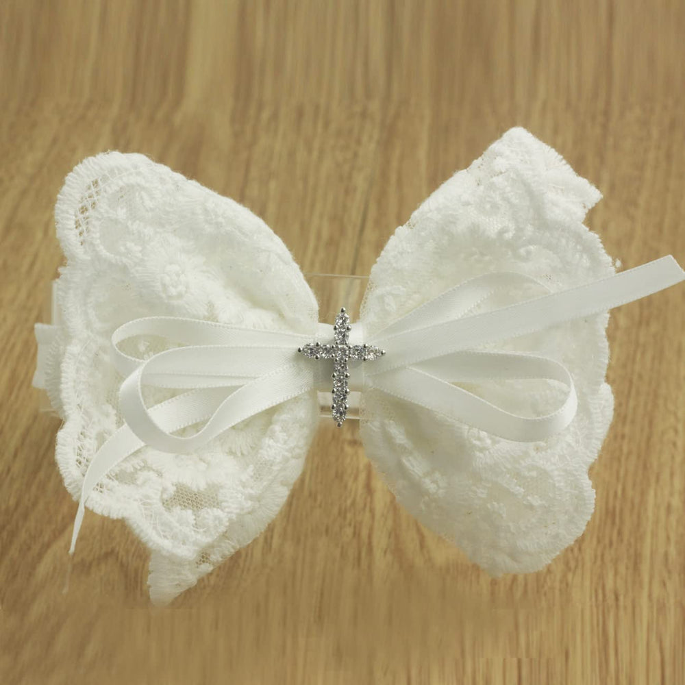 Nihao Baby embroidery lace bow detail on headband close-up