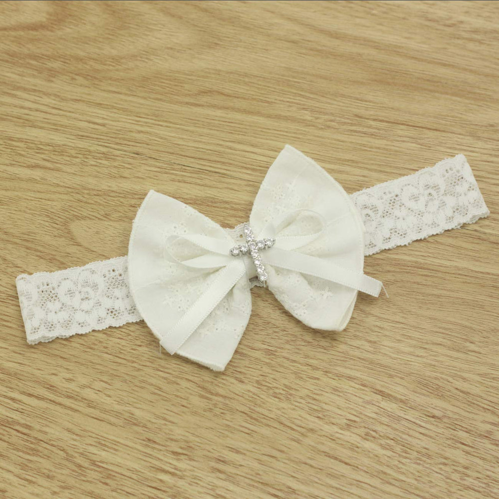 Nihao Baby ivory/off-white bow headband pairs with white dresses for coordinated looks.