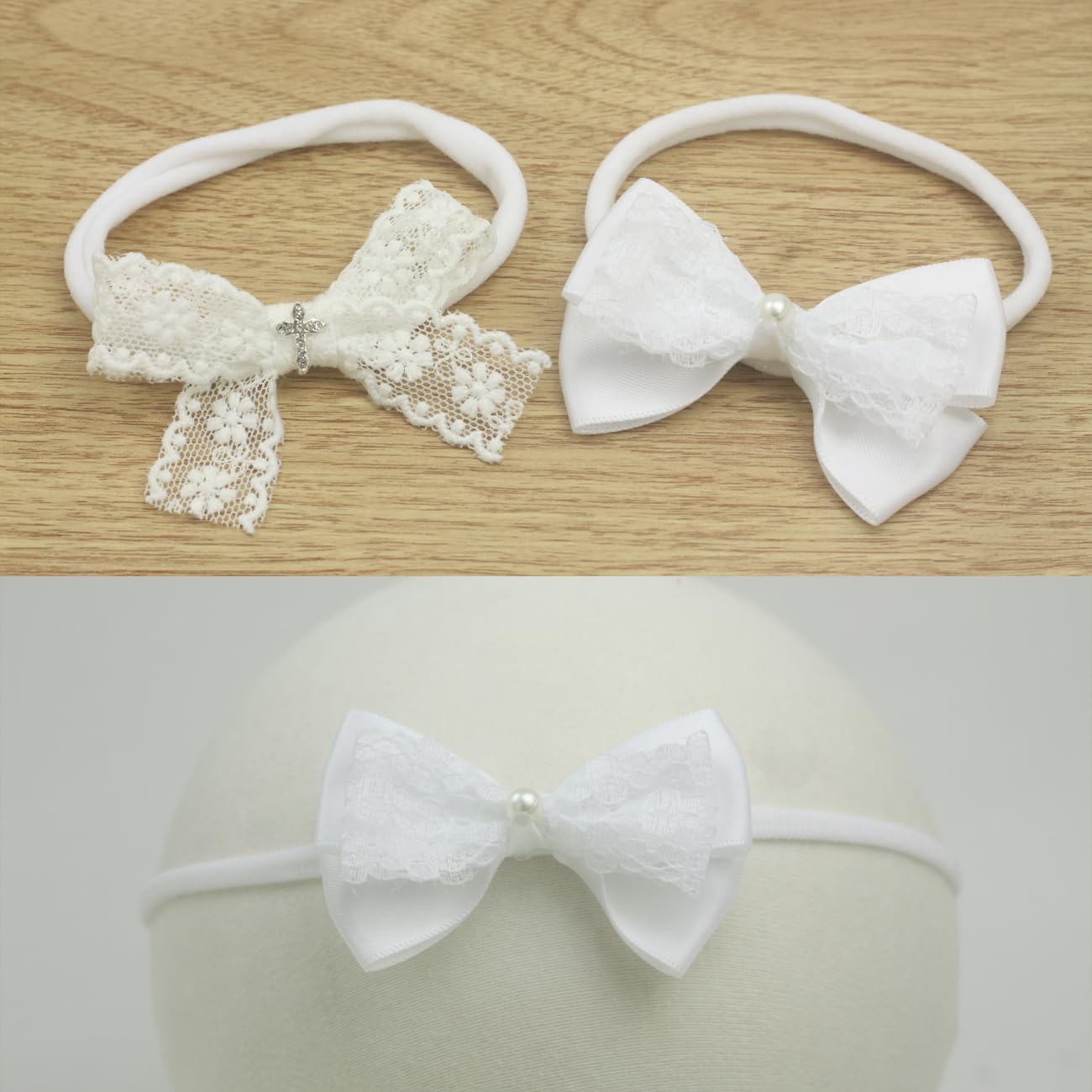 Nihao Baby lace headband with soft nylon stretch band.