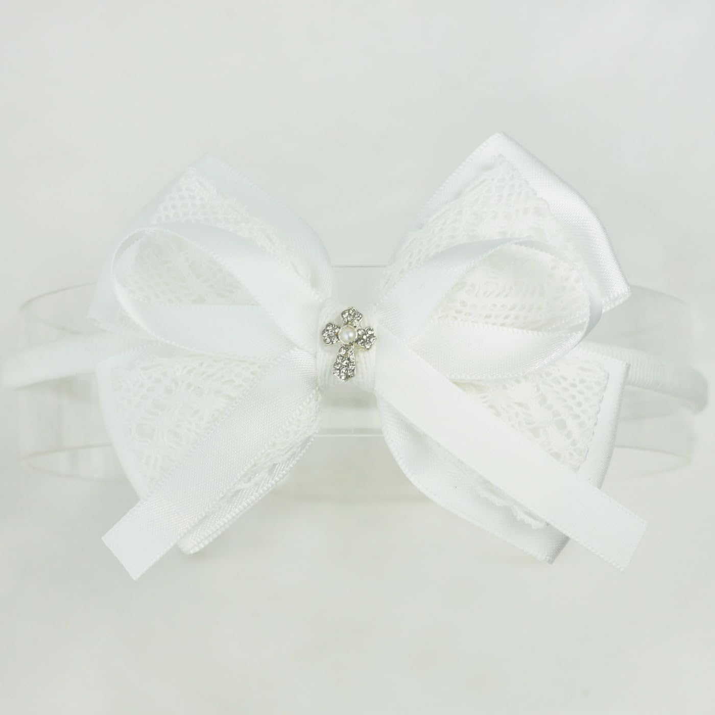 Nihao Baby off-white lace bow big baptism headband for baby girls, elegant ceremony accessory