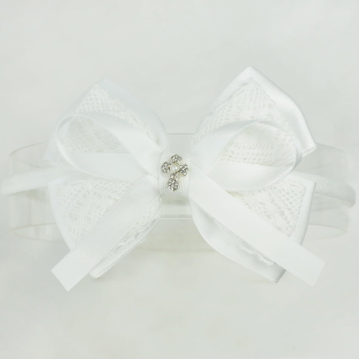 Nihao Baby off-white lace bow big baptism headband for baby girls, elegant ceremony accessory