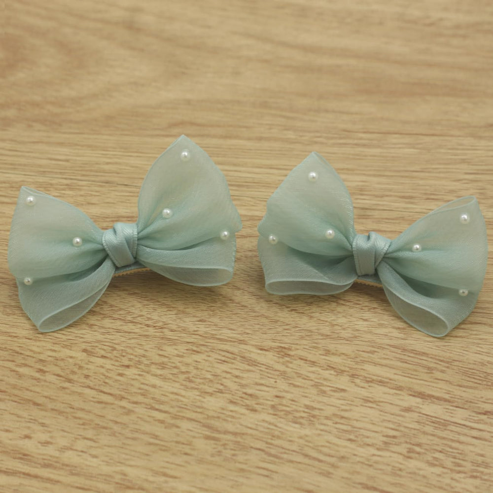 Nihao Baby Pearl Light Green Bow hair clip back view emphasizes durable clip mechanism