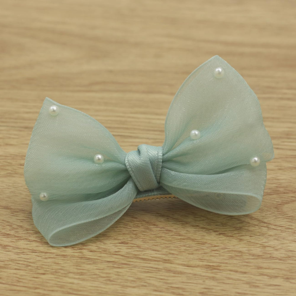 Nihao Baby Pearl Light Green Bow hair clip packaging displays two-piece set ready for gifting