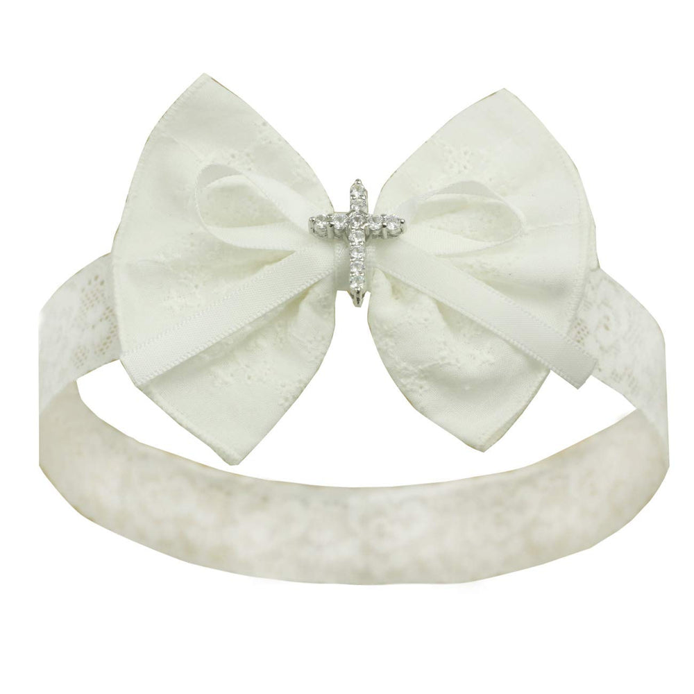 Nihao Baby white bow headband for baptism with cross detail adds elegant touch.