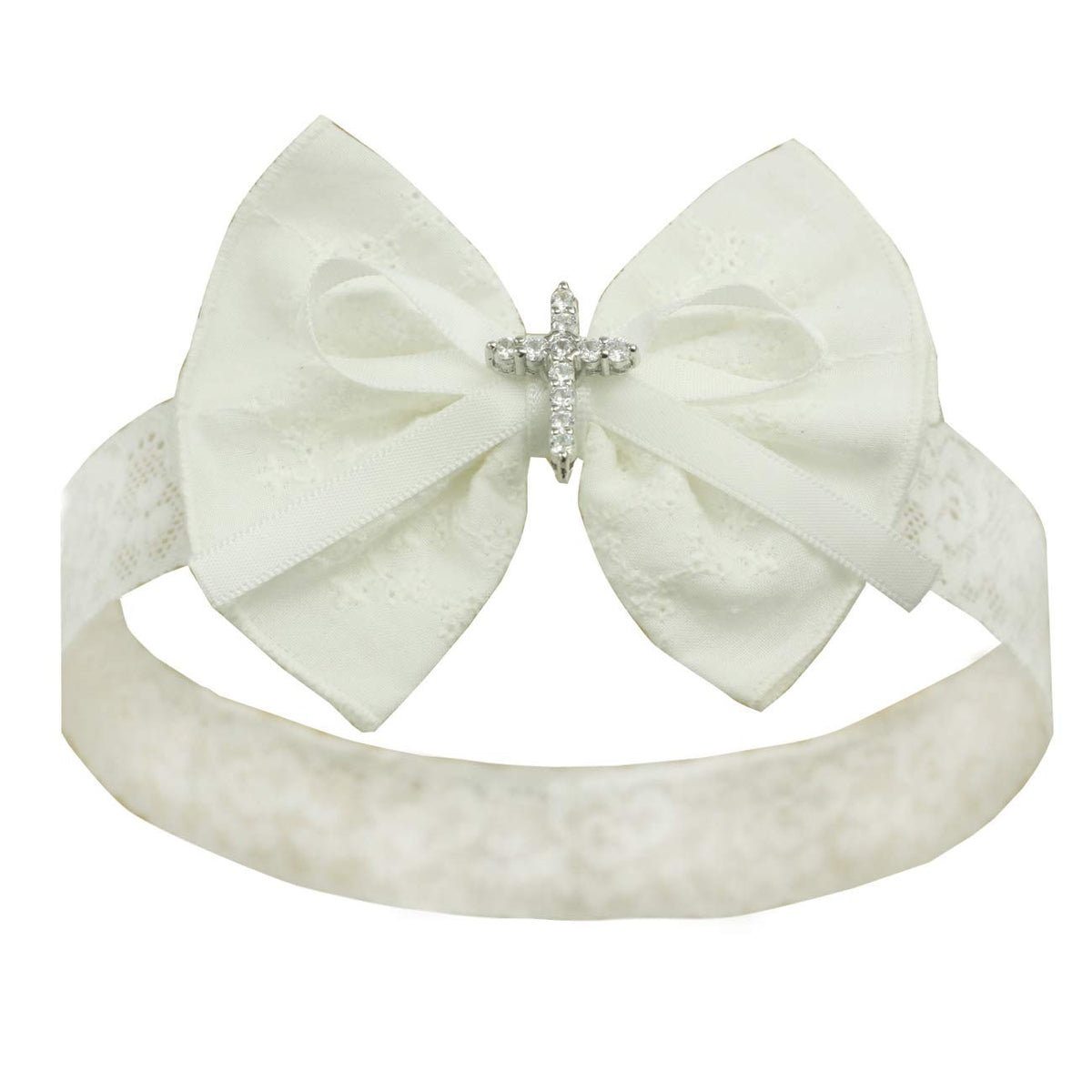 Nihao Baby white bow headband for baptism with cross detail adds elegant touch.