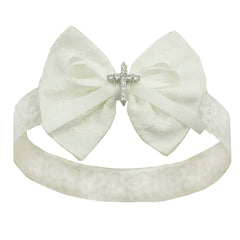 Nihao Baby white bow headband for baptism with cross detail adds elegant touch.