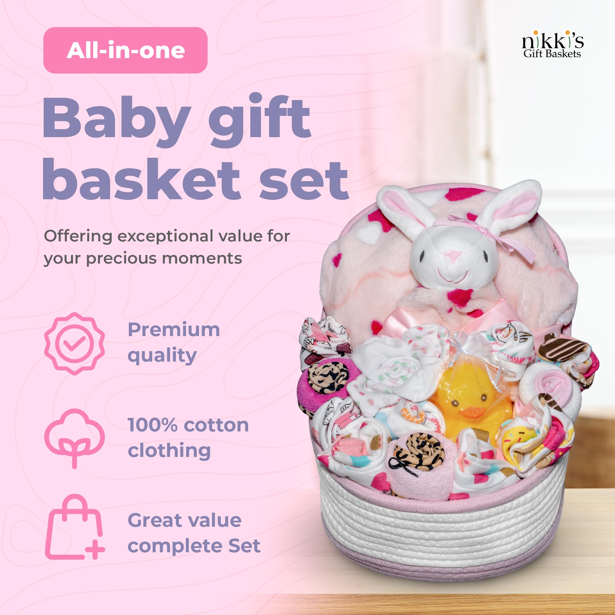 Nikki's Gift Baskets baby bodysuits pink trio, essential newborn outfits