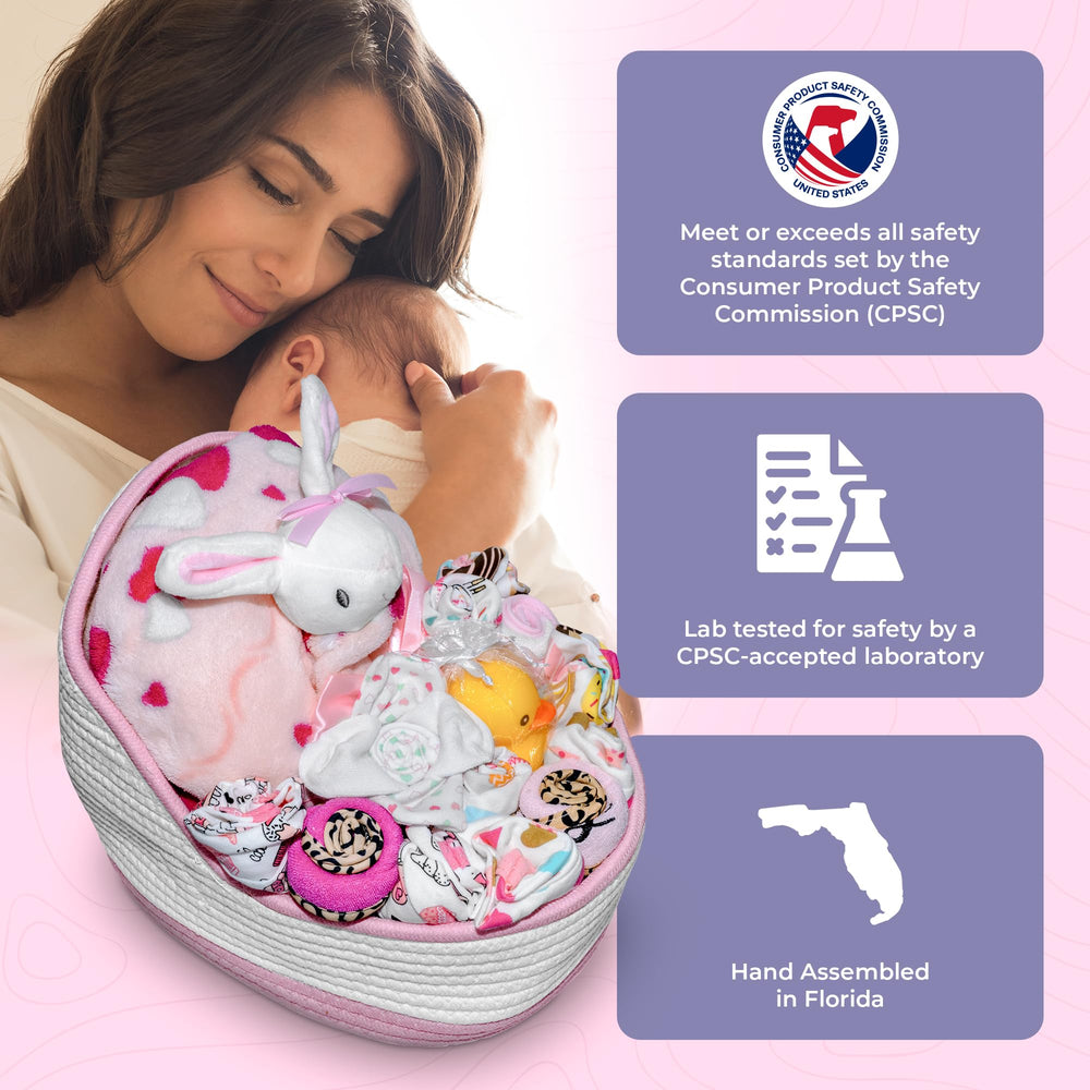 Nikki's Gift Baskets keepsake fabric bassinet closeup, stylish nursery decor