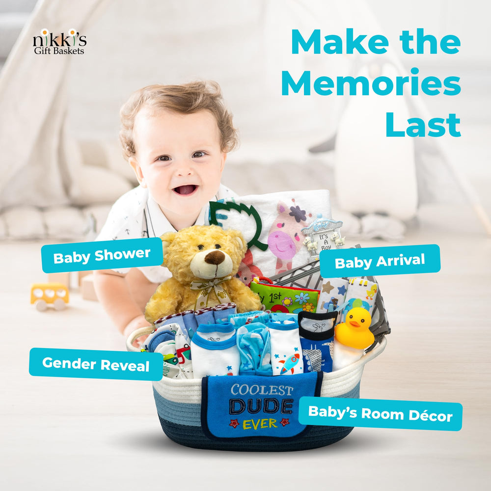 Nikki's Gift Baskets Bundle of Joy gender reveal gift-ready essentials.