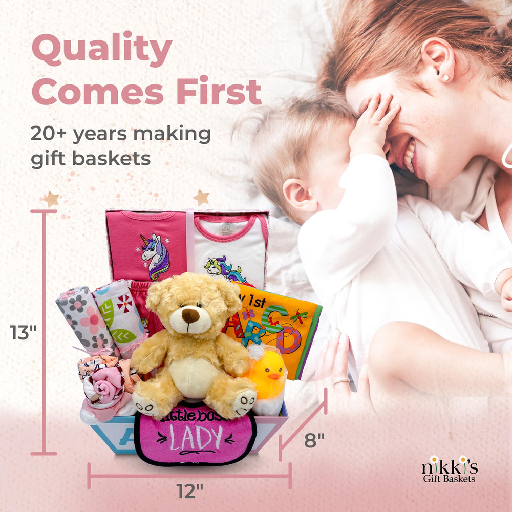 Nikki's Gift Baskets baby gift box presentation highlights a charming, ready-to-give keepsake.