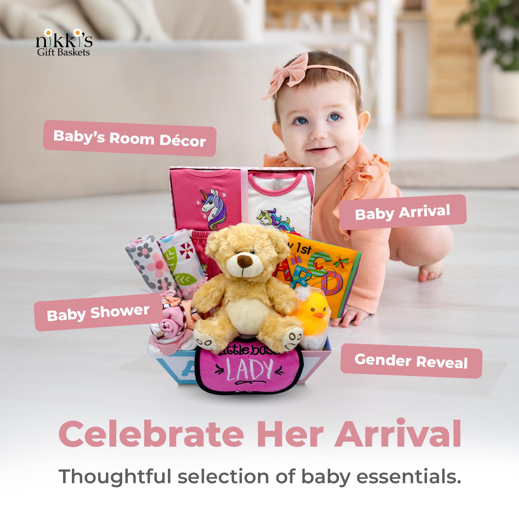 Nikki's Gift Baskets embroidered bib and socks add practical daily newborn protection.