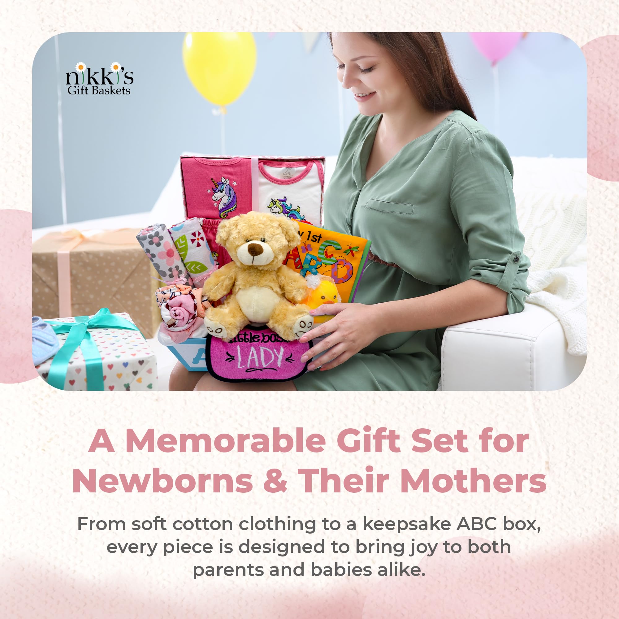 Nikki's Gift Baskets soft book offers baby-friendly tactile exploration and gentle entertainment.