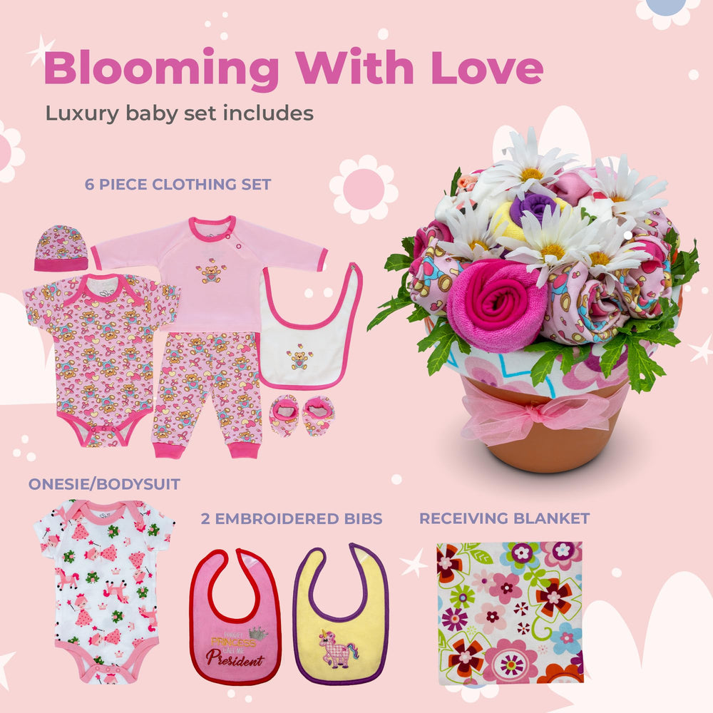 Nikki's Gift Baskets Deluxe Baby Blossom embroidered shirt highlights keepsake value for photos.