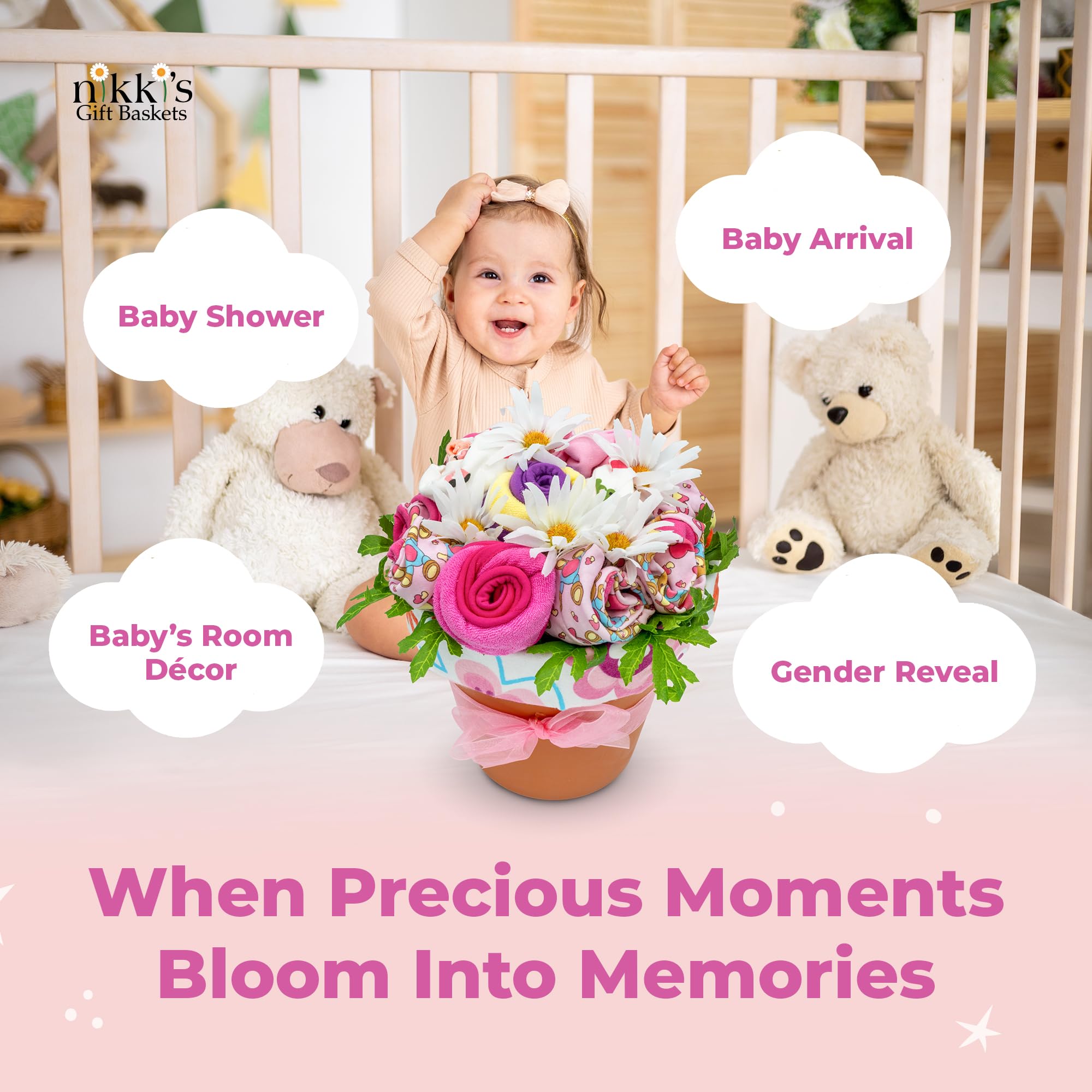 Nikki's Gift Baskets Deluxe Baby Blossom flower bouquet presentation enhances gift-giving impact.