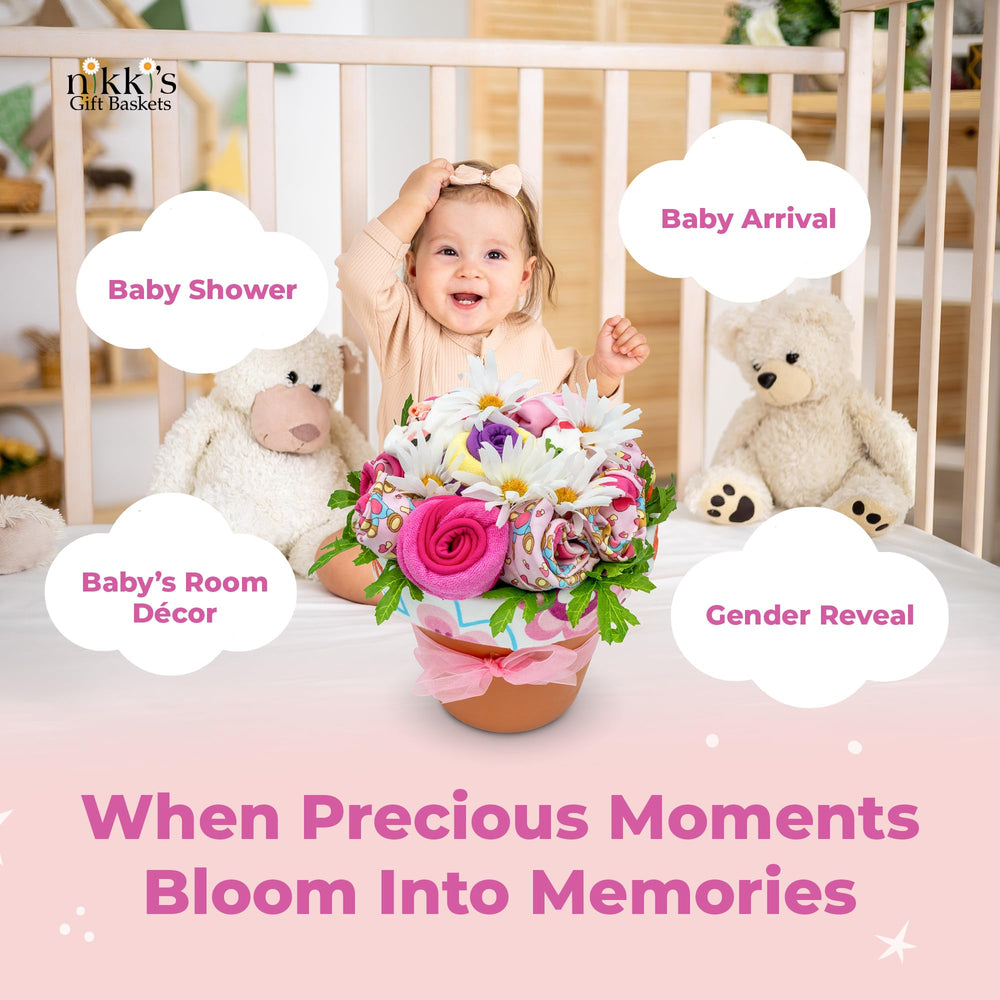 Nikki's Gift Baskets Deluxe Baby Blossom flower bouquet presentation enhances gift-giving impact.
