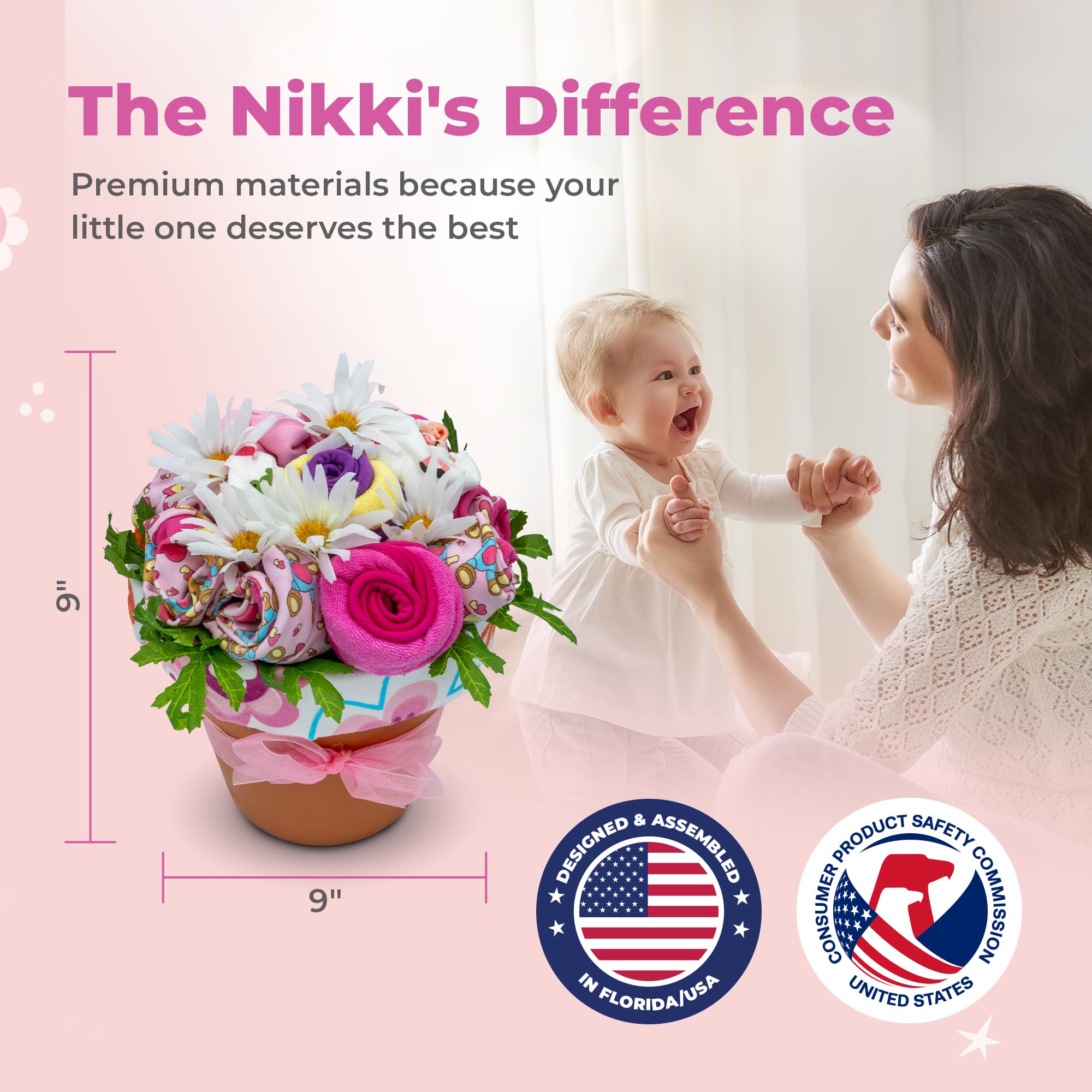 Nikki's Gift Baskets Deluxe Baby Blossom USA-made hand-assembled packaging signals trusted craftsmanship.