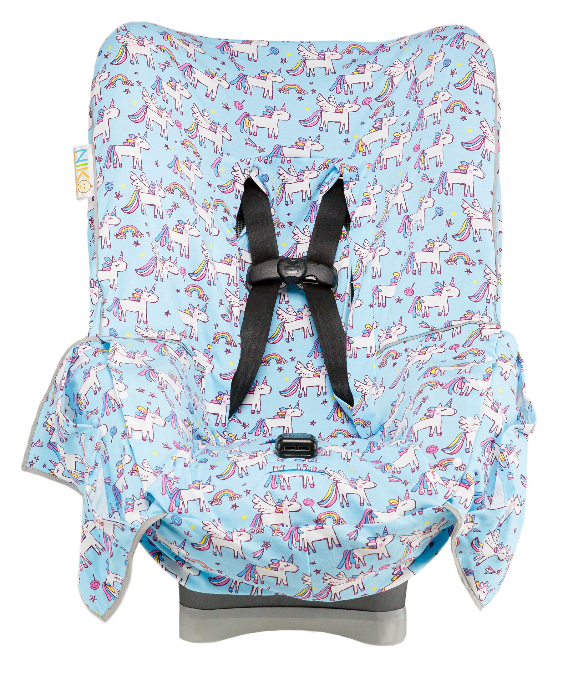 Niko Easy-Wash blue unicorn fabric protects seats from spills during travel