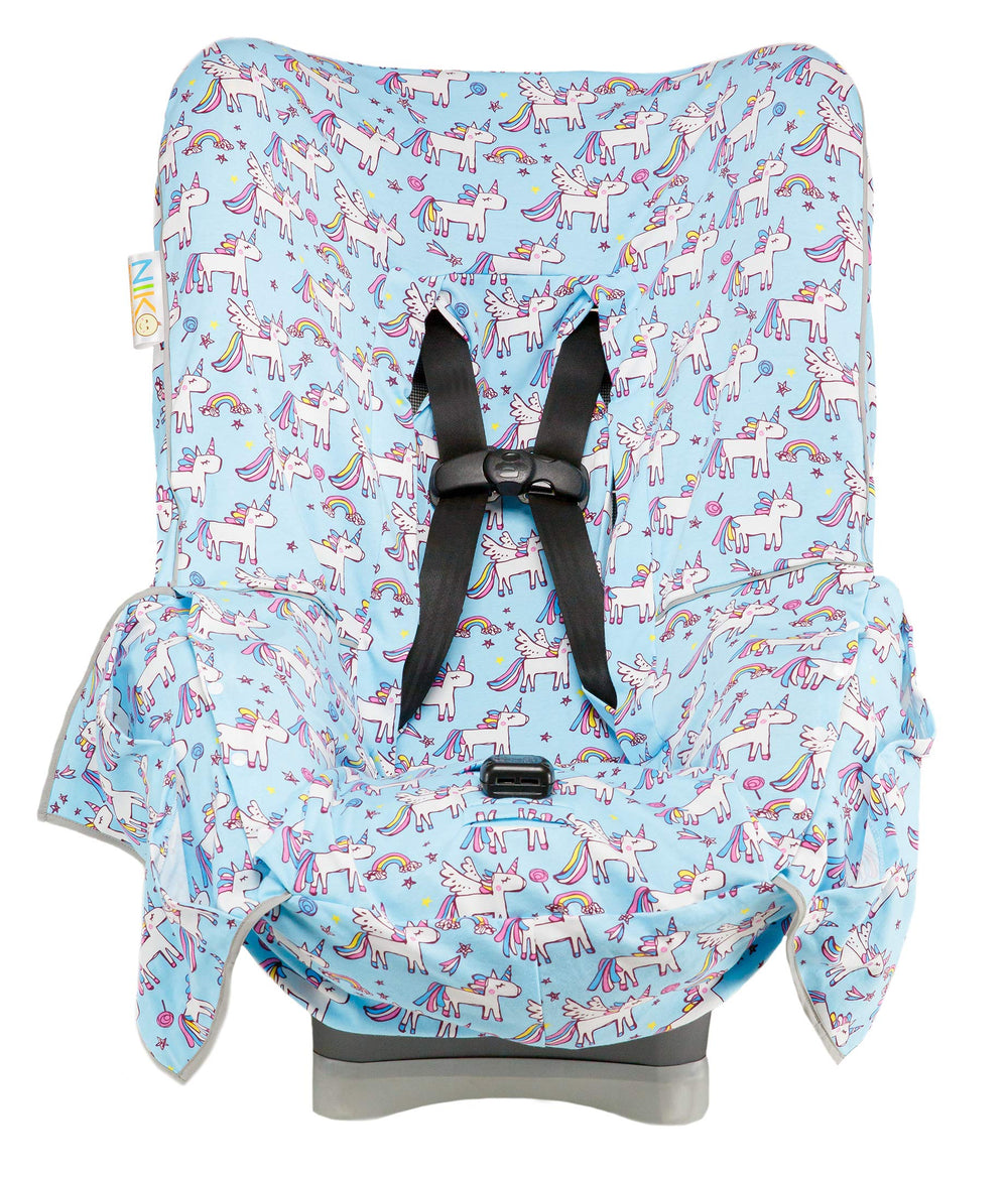 Niko Easy-Wash blue unicorn fabric protects seats from spills during travel