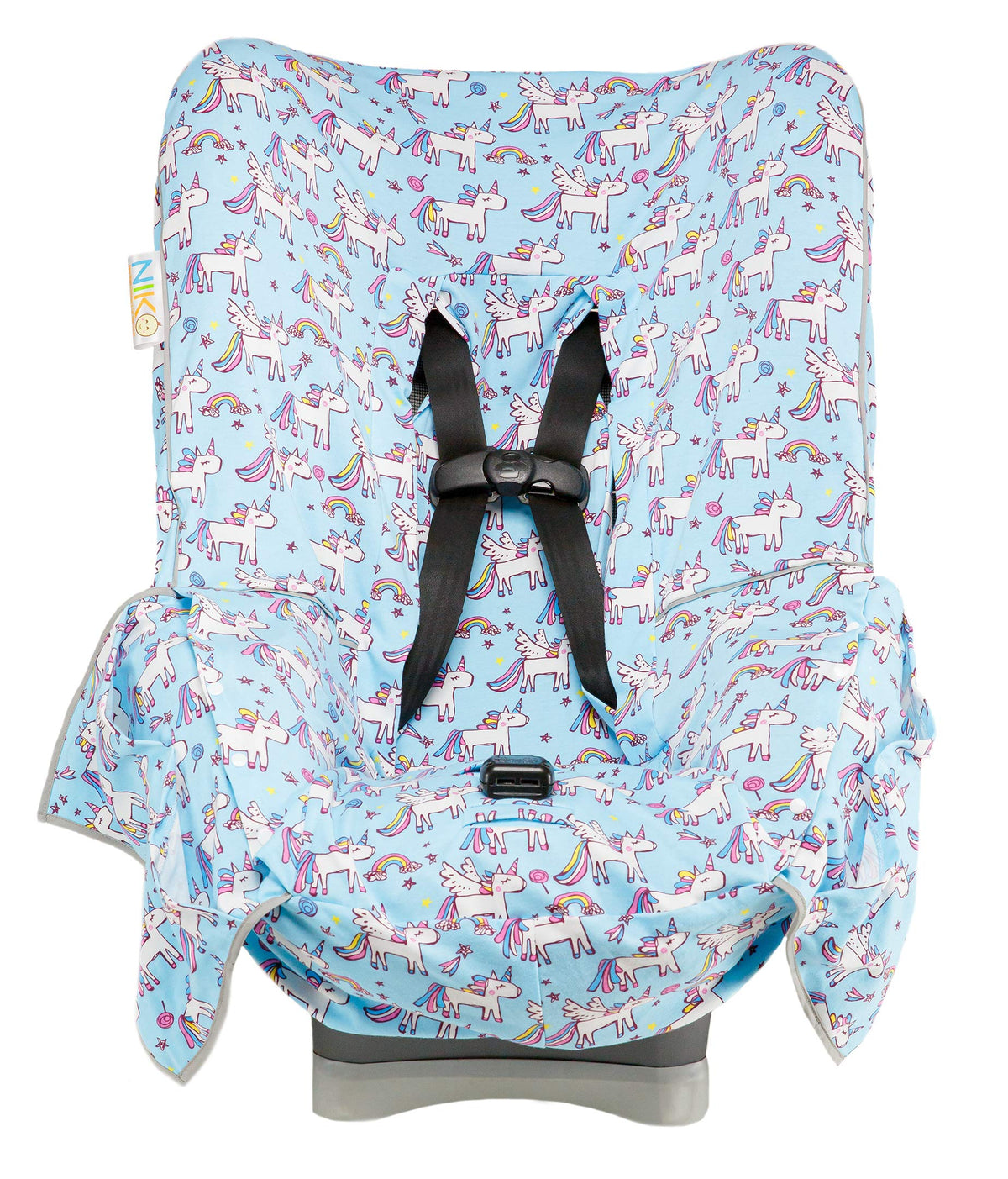 Niko Easy-Wash blue unicorn fabric protects seats from spills during travel