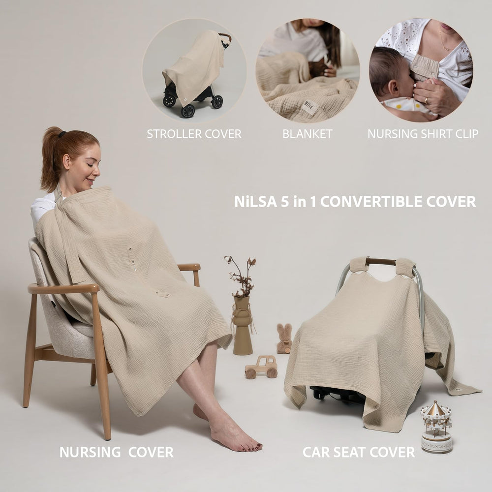 Nilsa car seat cover in use shielding baby from sun and bugs.