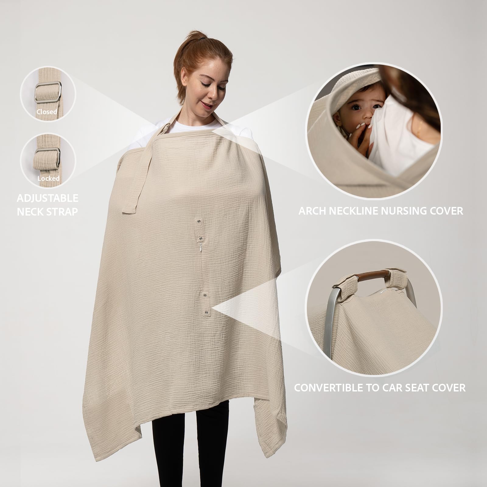 Nilsa hidden zippered opening on nursing cover for quick checks discreetly.