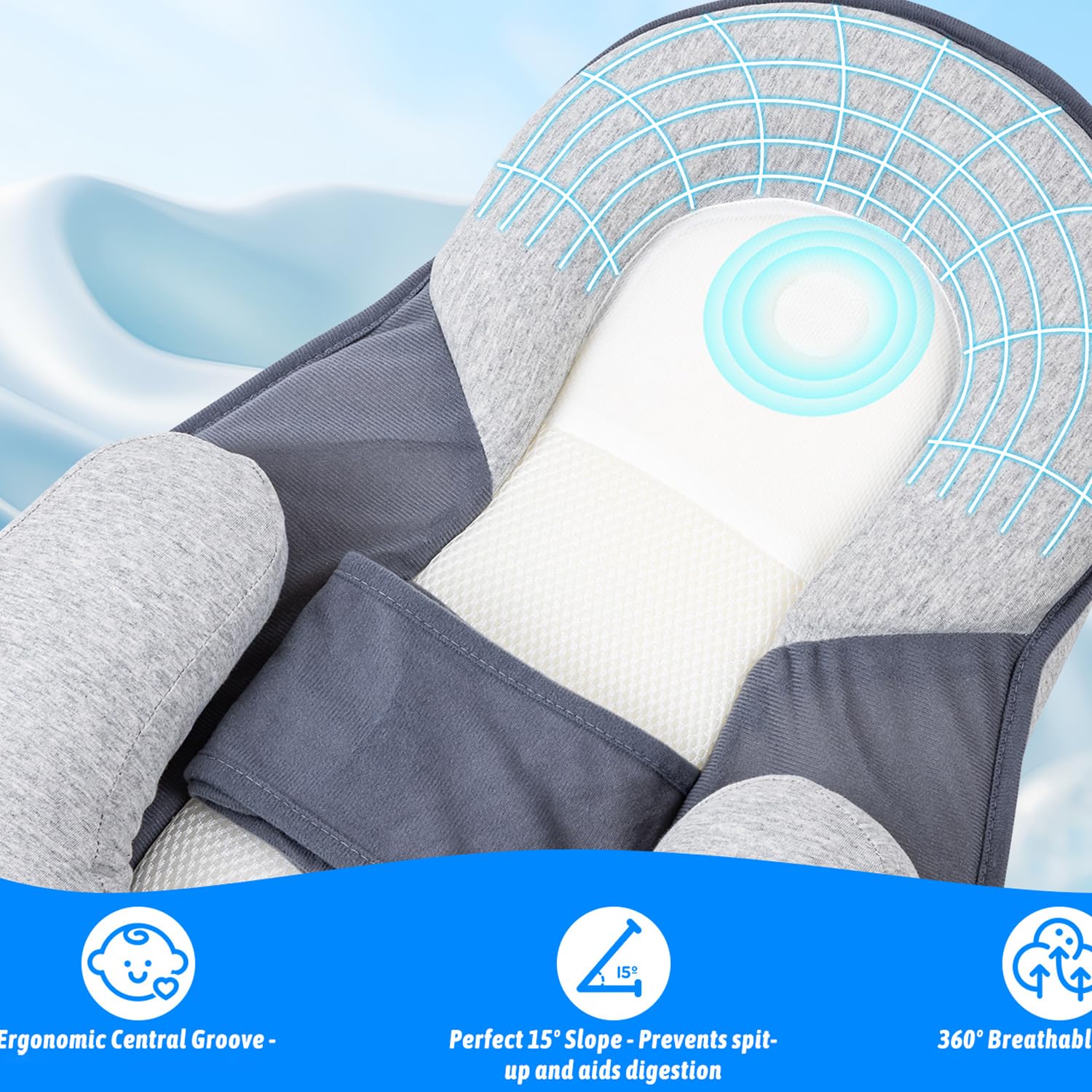 NILUTO feeding pillow detachable top demonstrates multi-stage development use.
