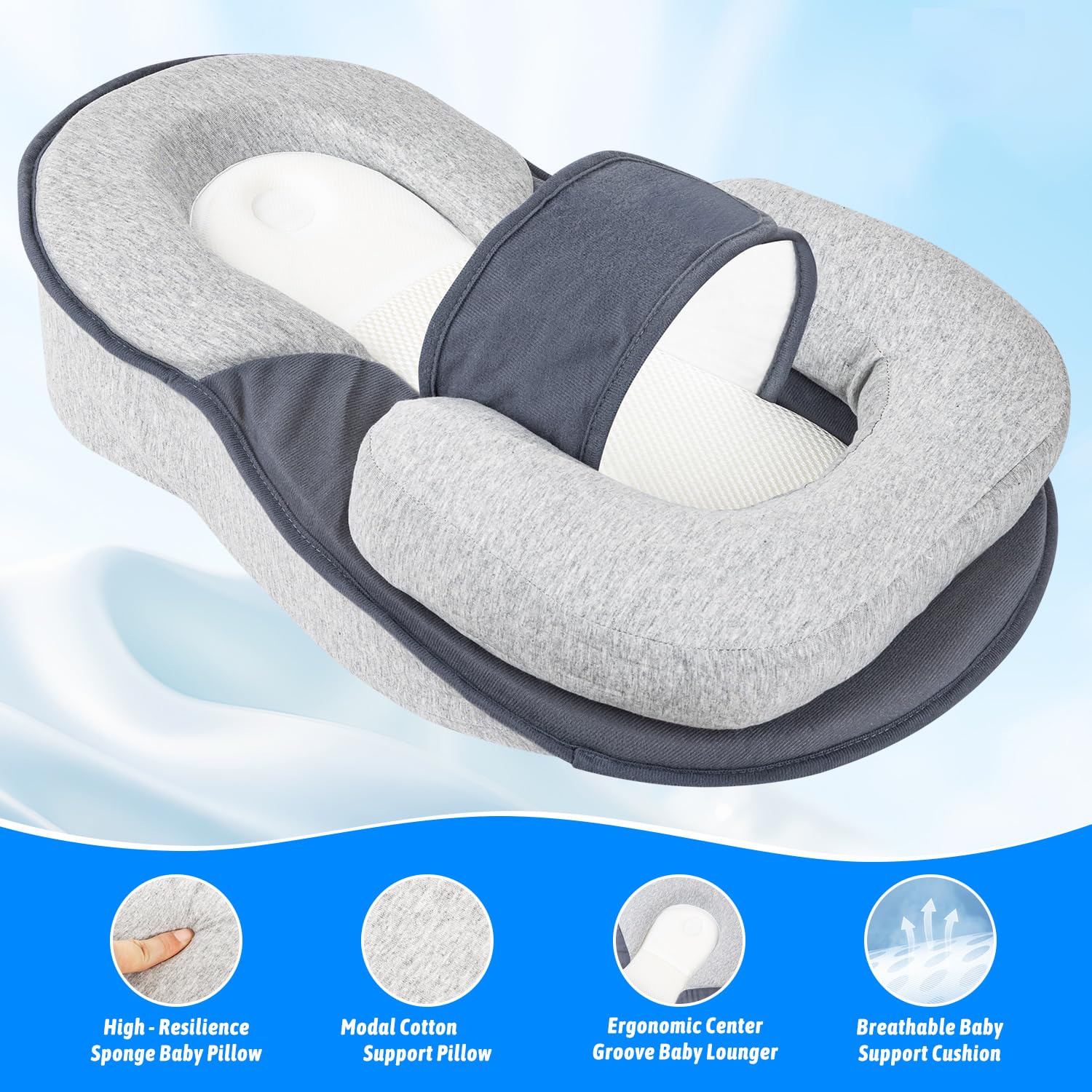 NILUTO feeding pillow side view shows anti-overflow design for reduced spit-up.